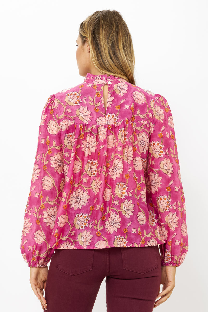 Long Sleeve Pintuck Blouse- Presidio Magenta