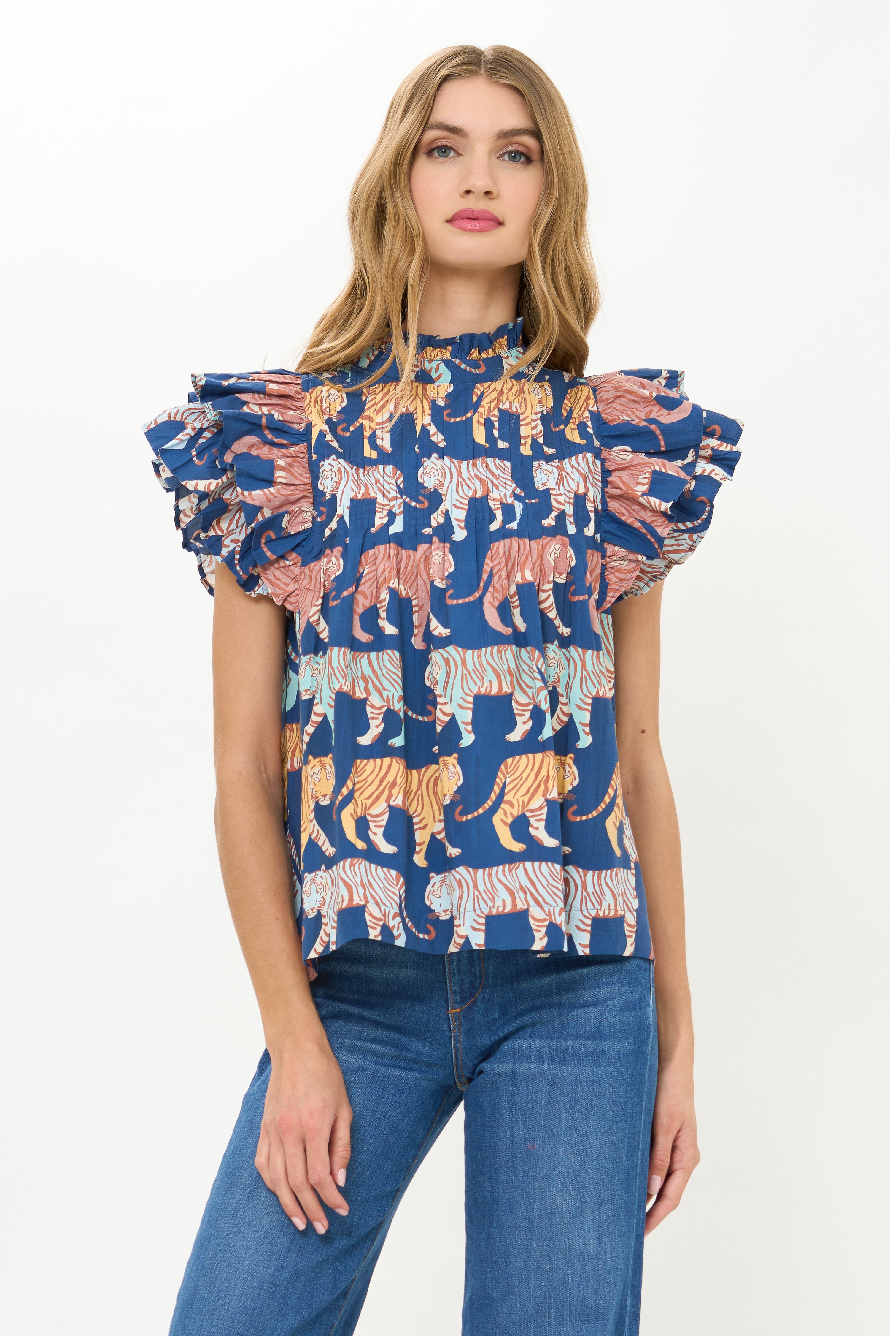 Pintuck Ruffle Top- Raj Navy