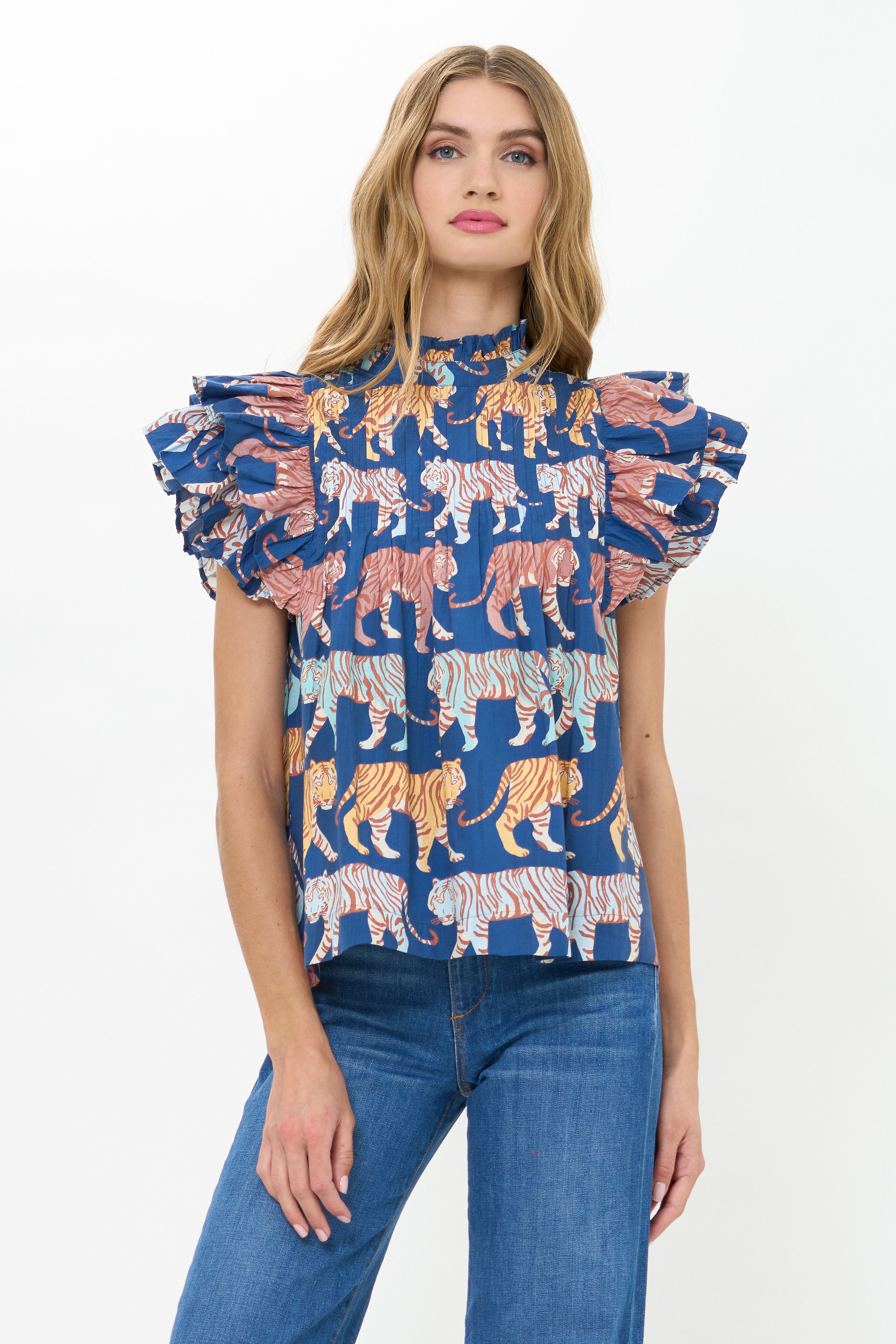 Pintuck Ruffle Top- Raj Navy