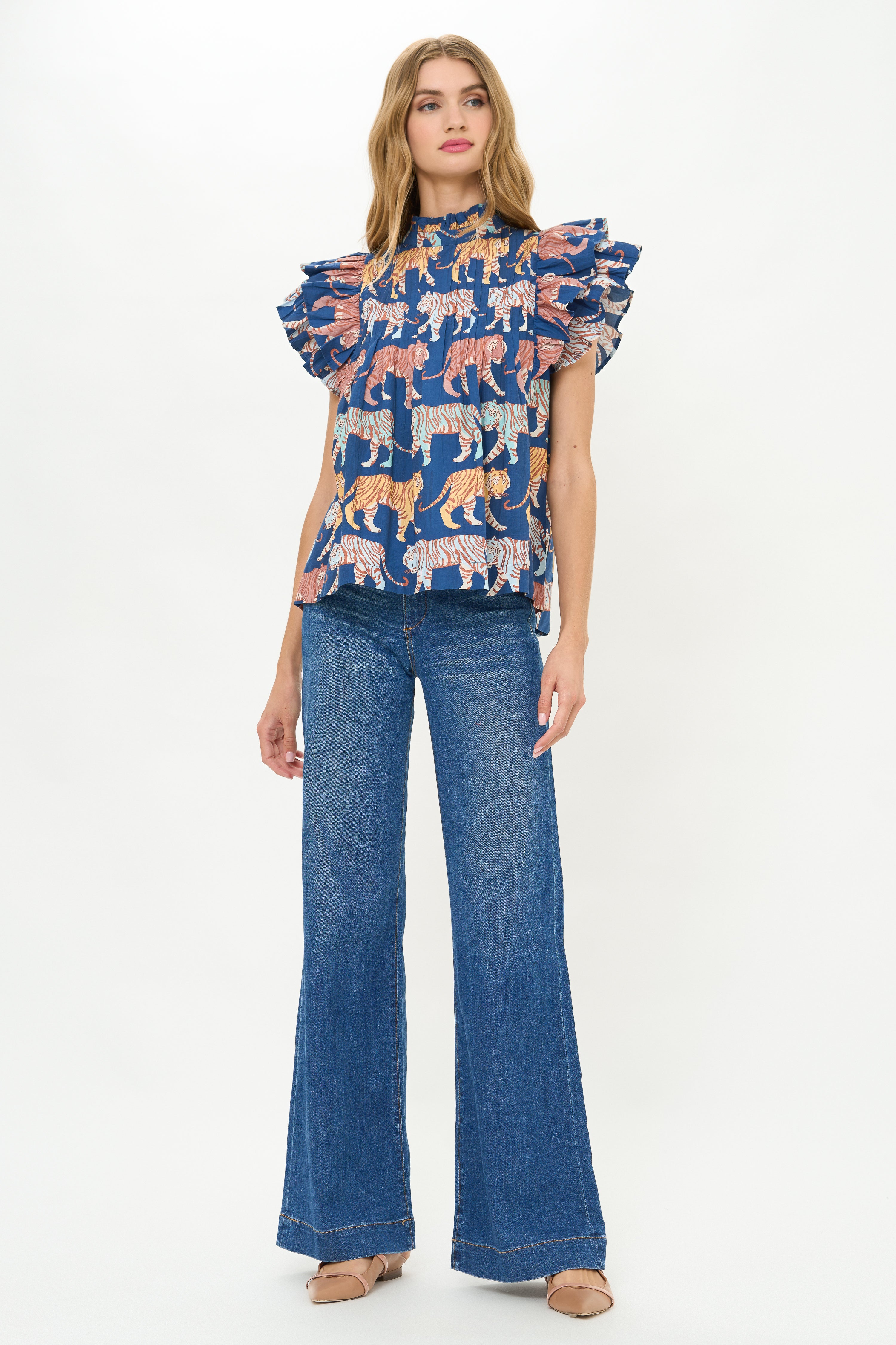 Pintuck Ruffle Top- Raj Navy