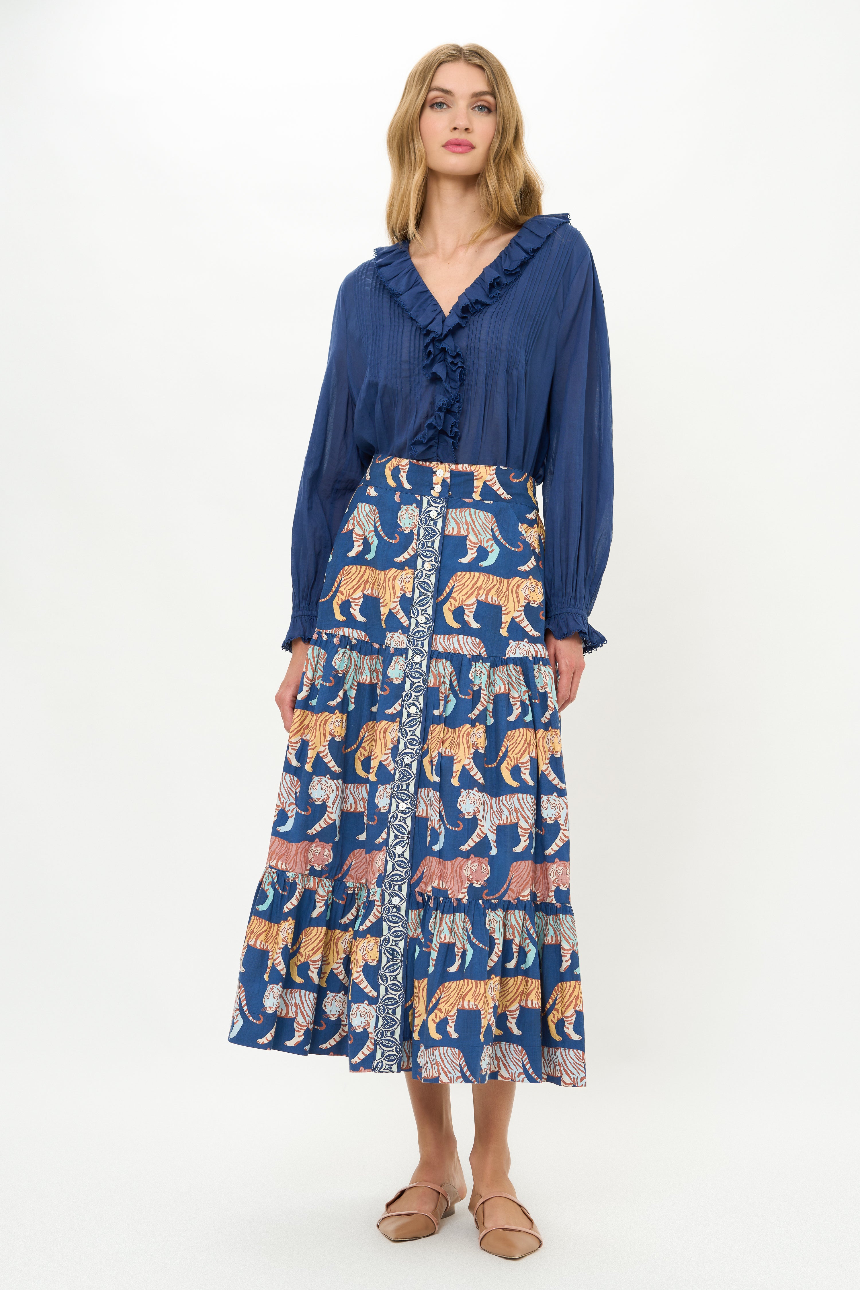 Button Front Skirt- Raj Navy
