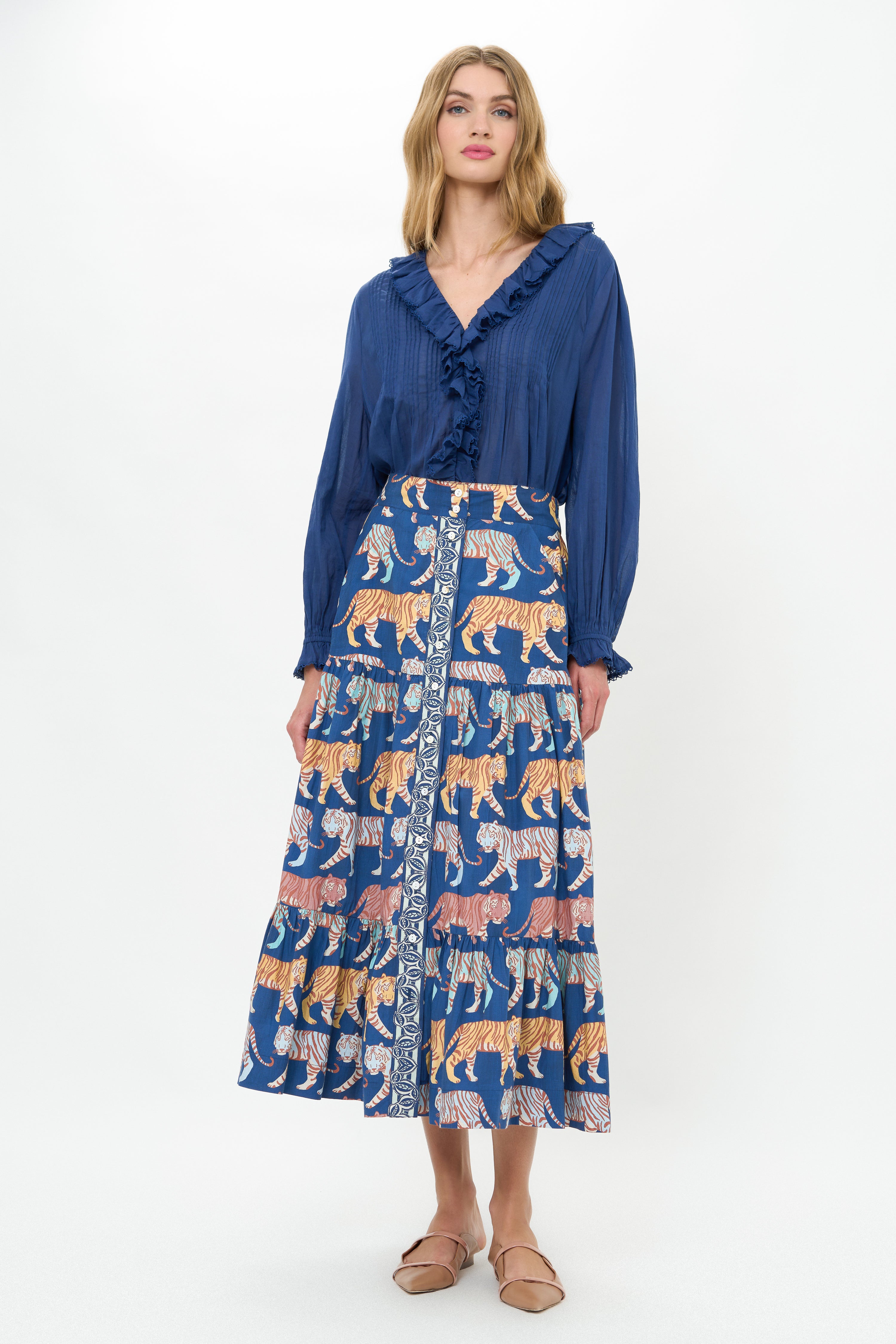 Button Front Skirt- Raj Navy