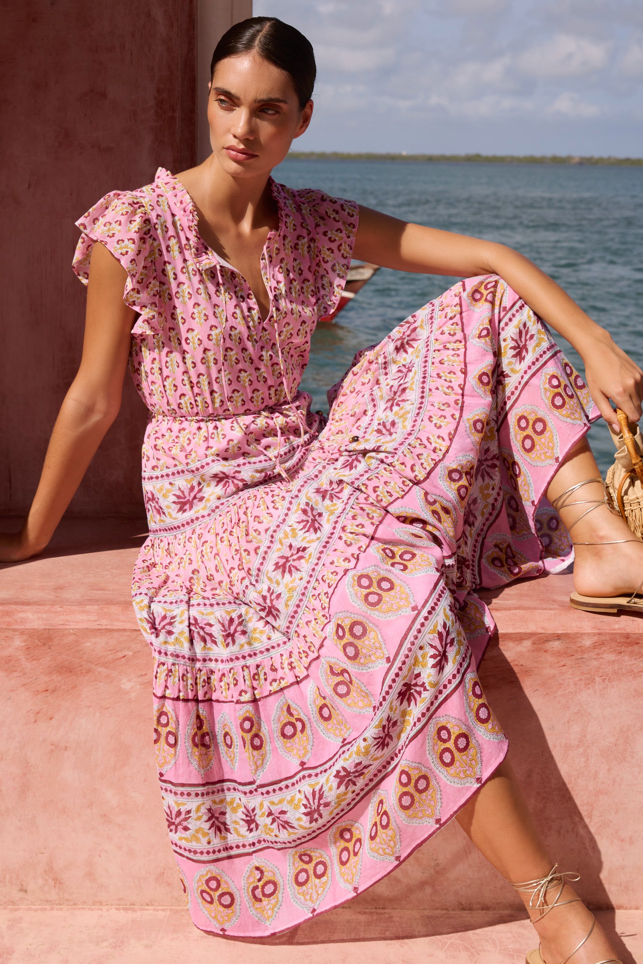 Cinched Flirty Midi- Riad Rhubarb