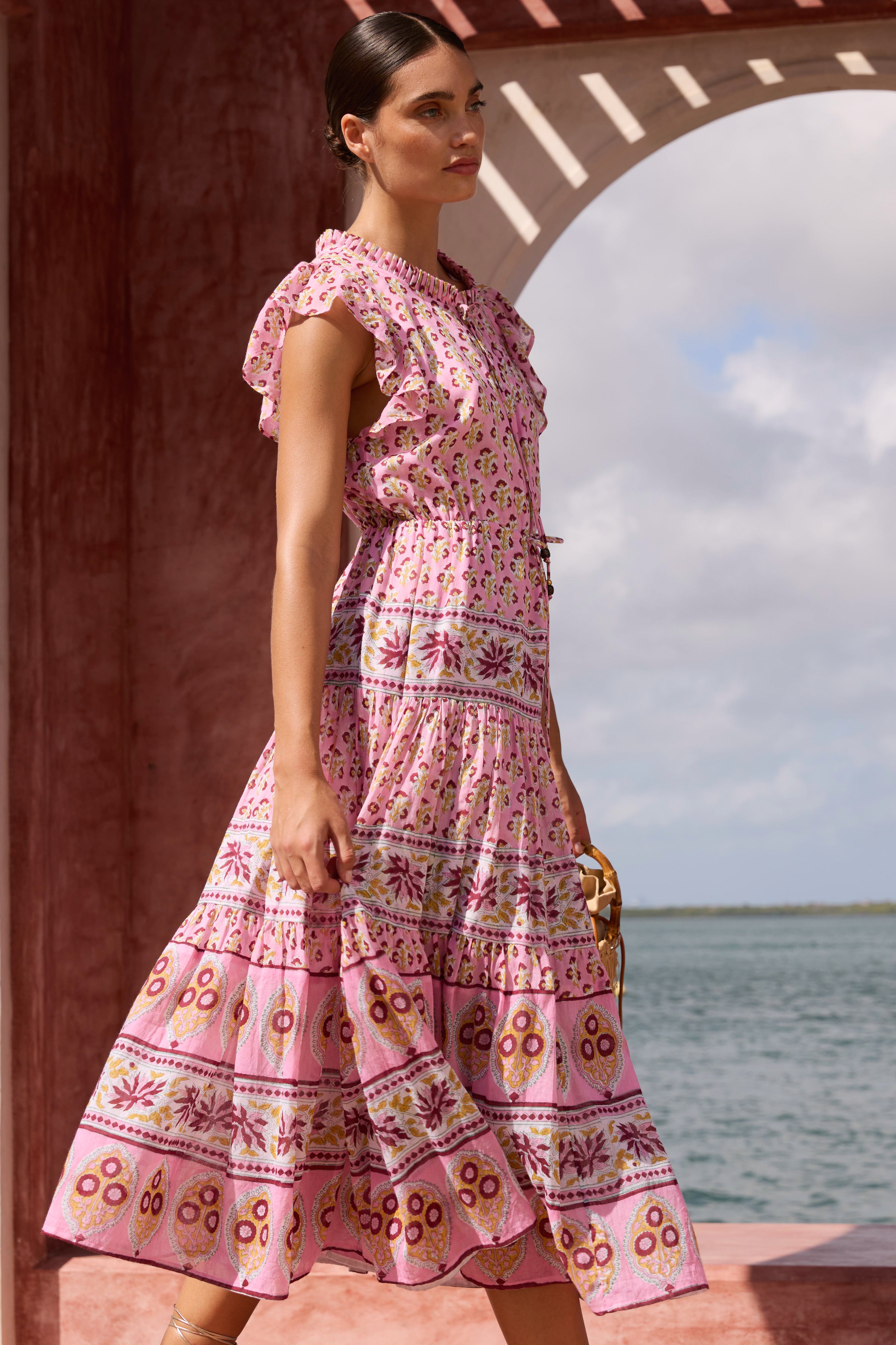 Cinched Flirty Midi- Riad Rhubarb