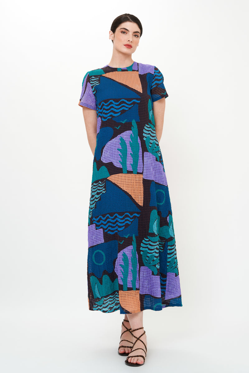 Short Sleeve Shift Maxi- Riviera Blue