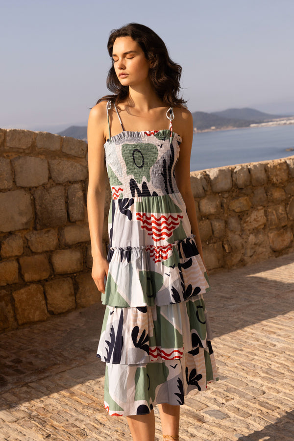 Smocked Tie Strap Midi- Riviera Sage