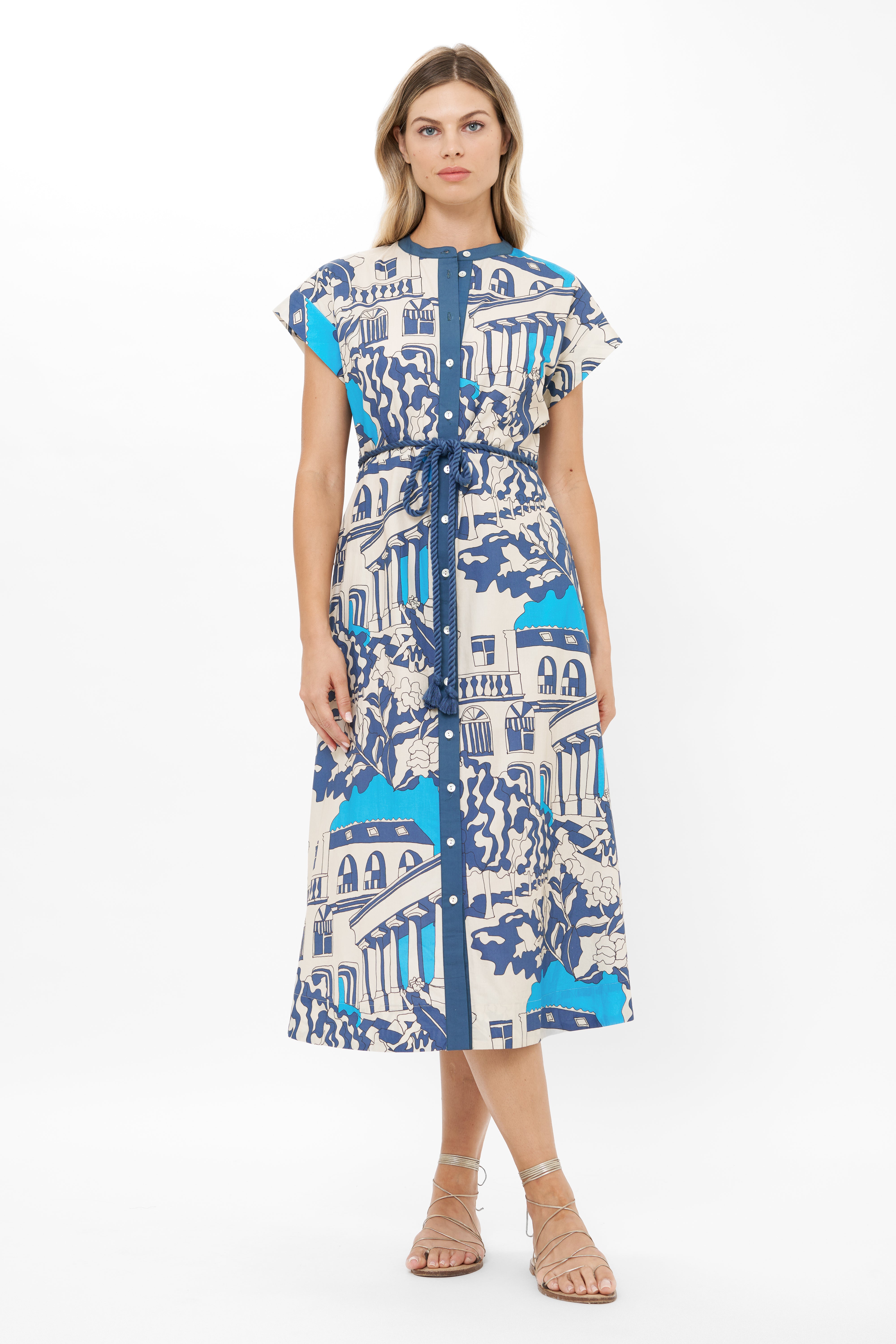 Cap Sleeve Shirt Dress Midi- Roma Blue