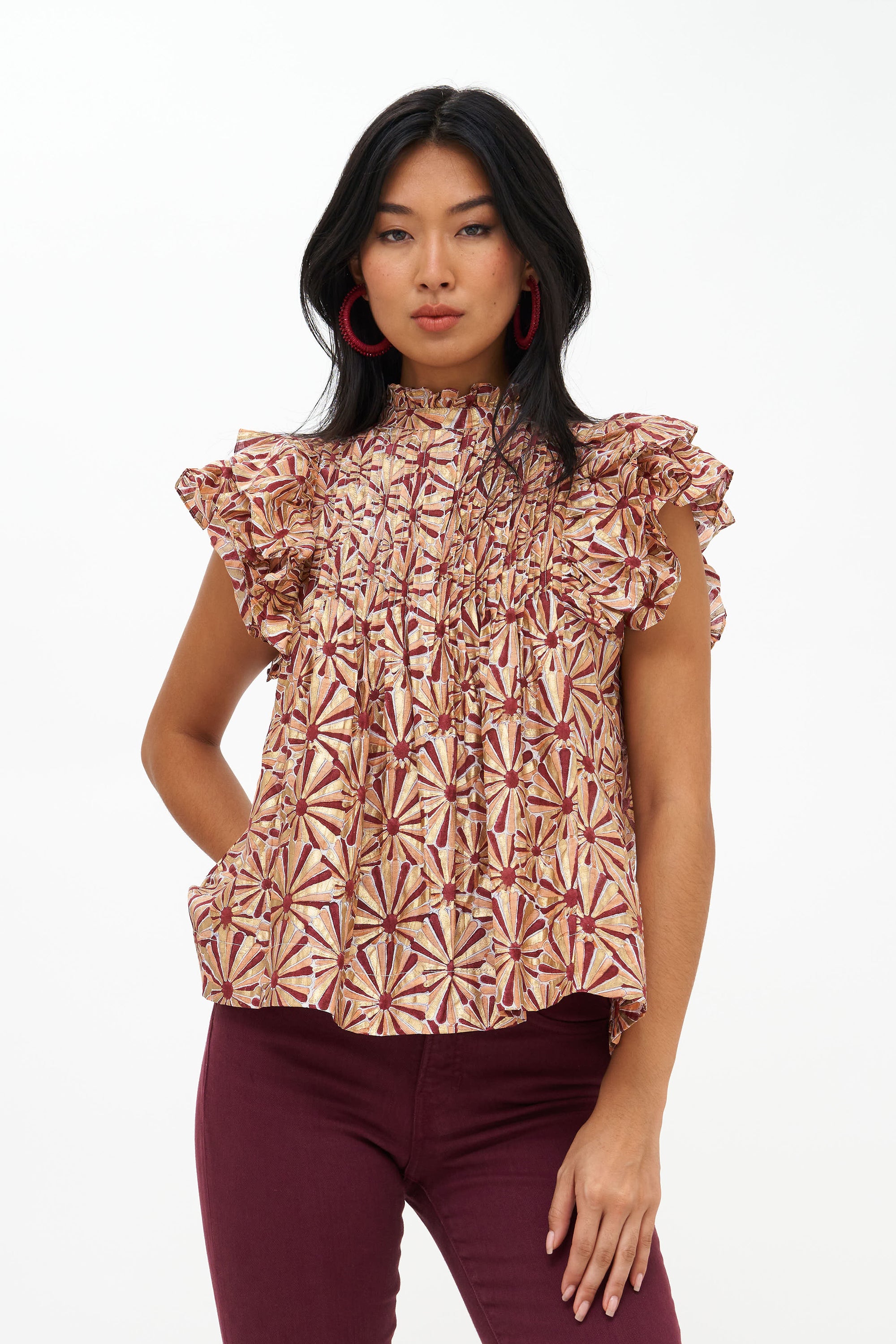 Pintuck Ruffle Top- Roman Wine