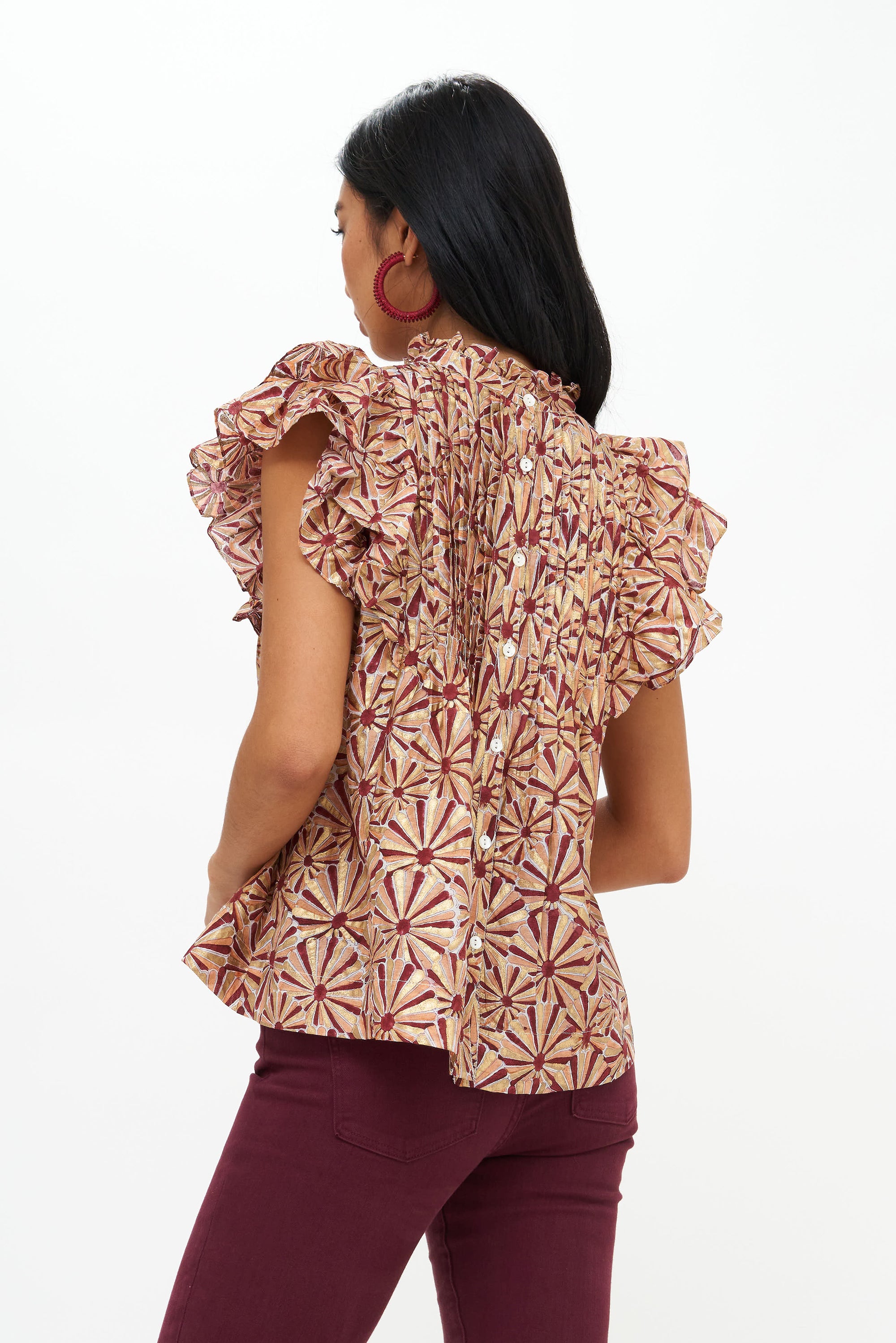 Pintuck Ruffle Top- Roman Wine