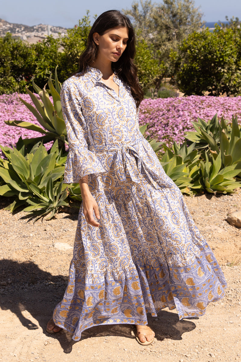 Ruffle Collar Bell Maxi- Marseille Blue