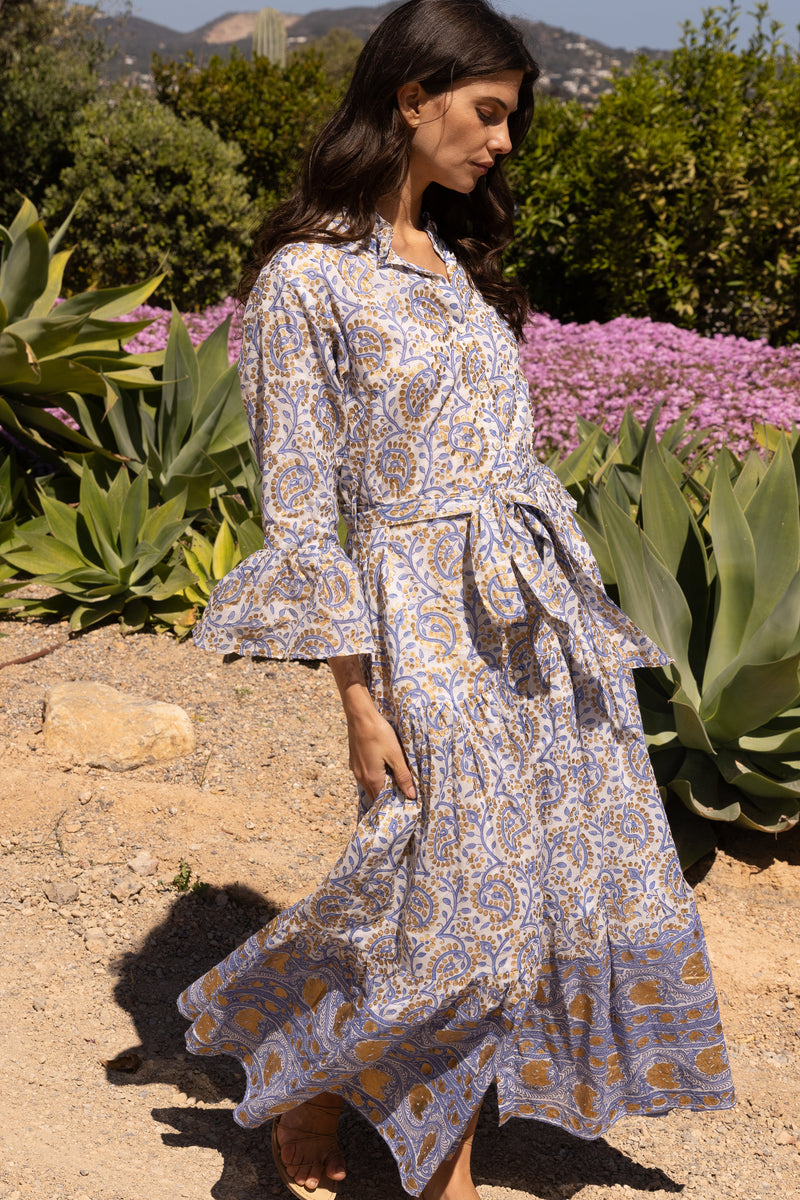 Ruffle Collar Bell Maxi- Marseille Blue