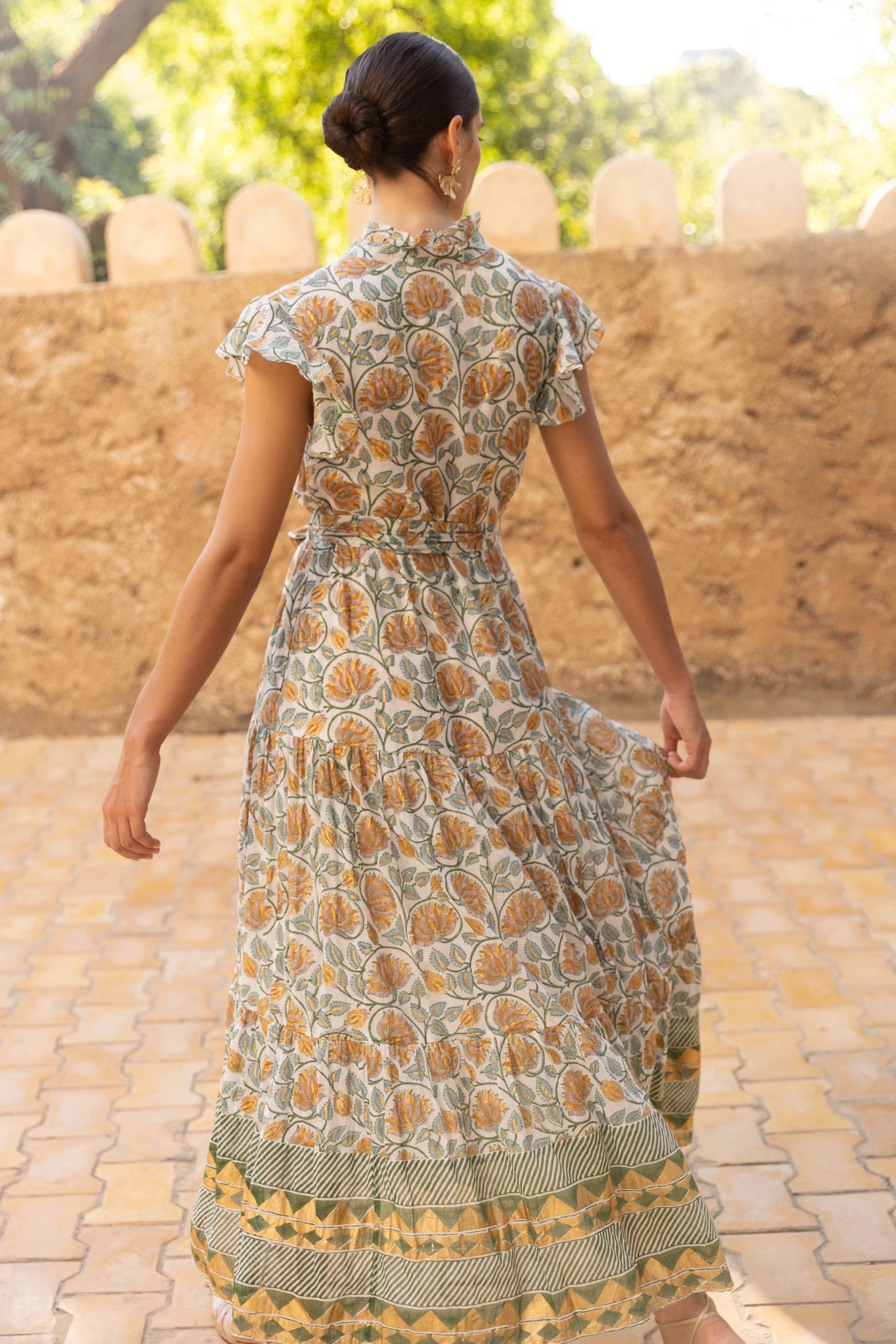 Ruffle Collar Button Maxi- Montenegro Green