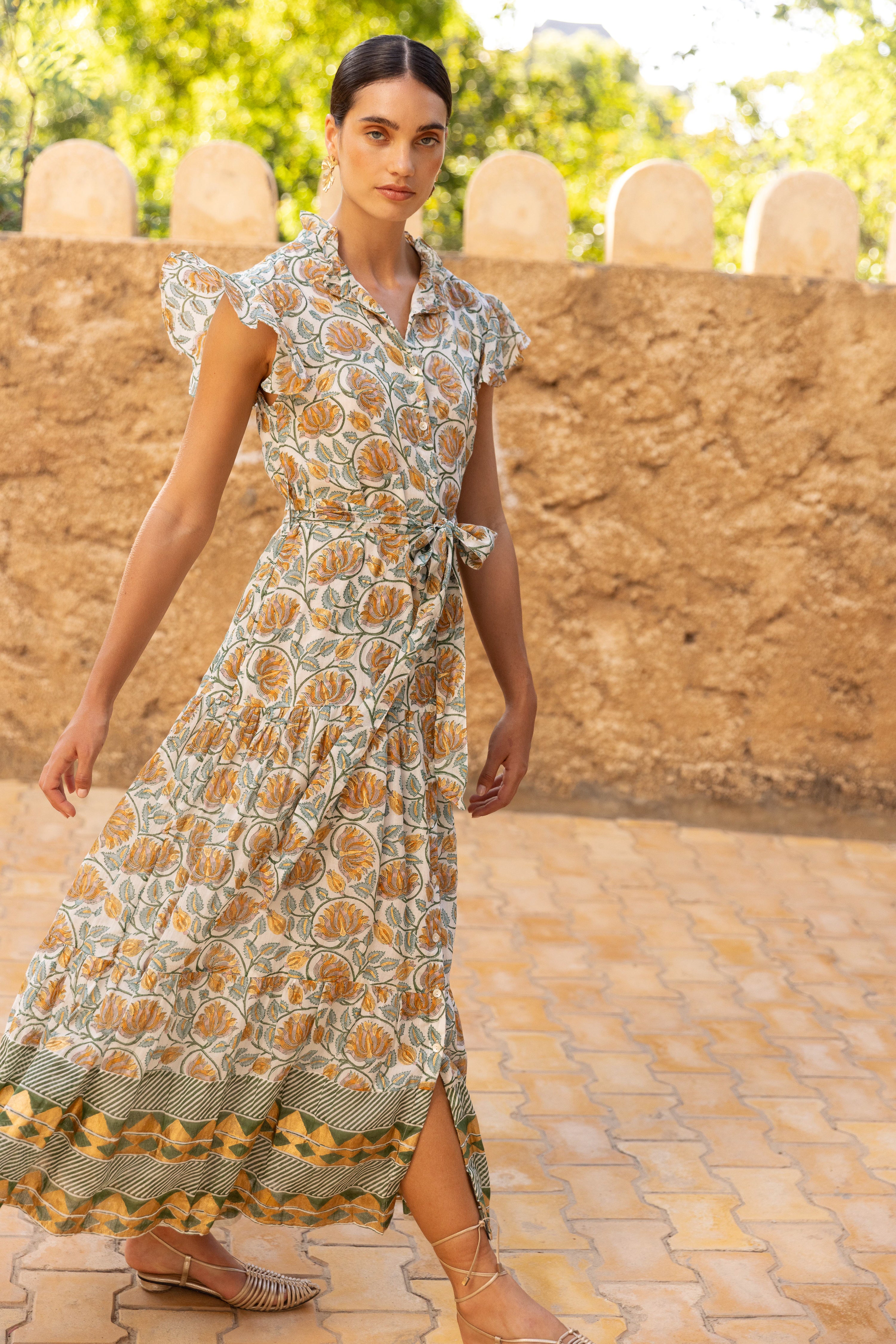 Ruffle Collar Button Maxi- Montenegro Green