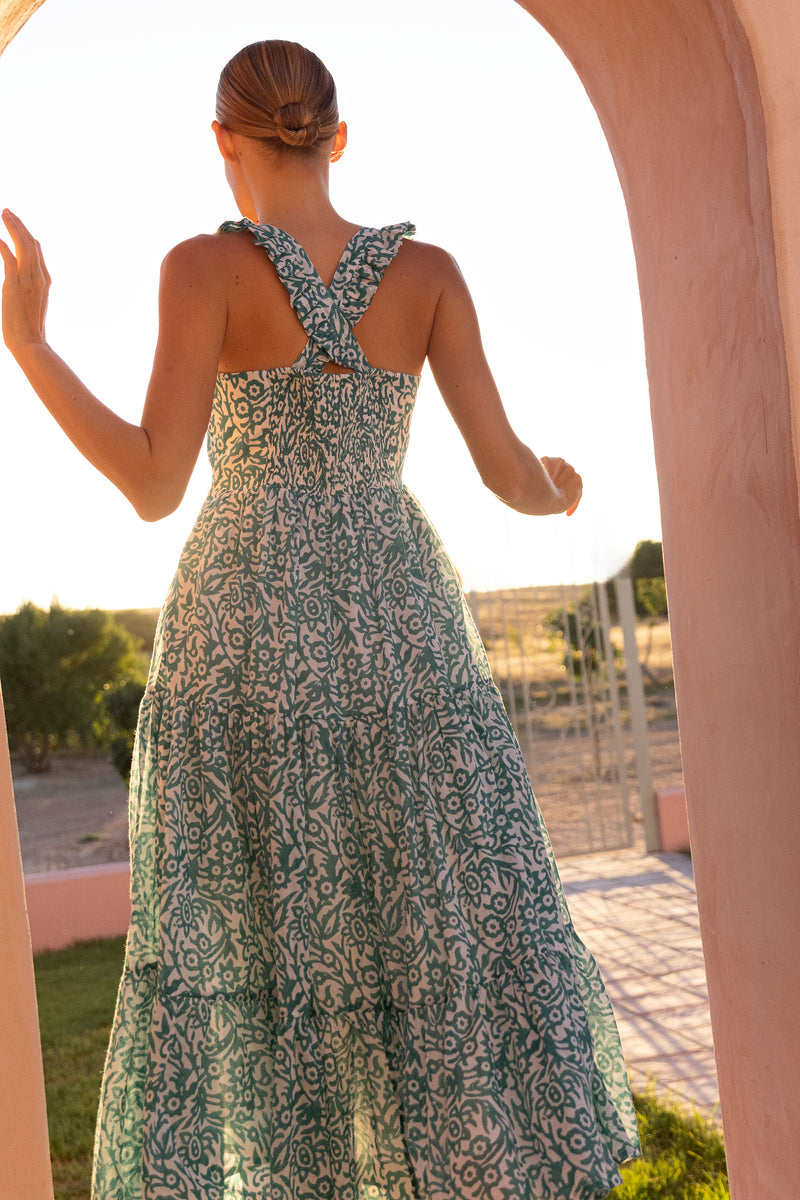 Ruffle Cross Back Midi- Cypress Jade