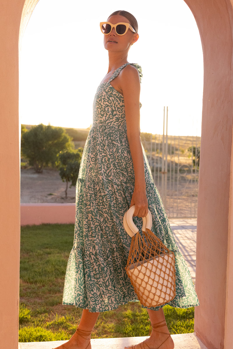 Ruffle Cross Back Midi- Cypress Jade
