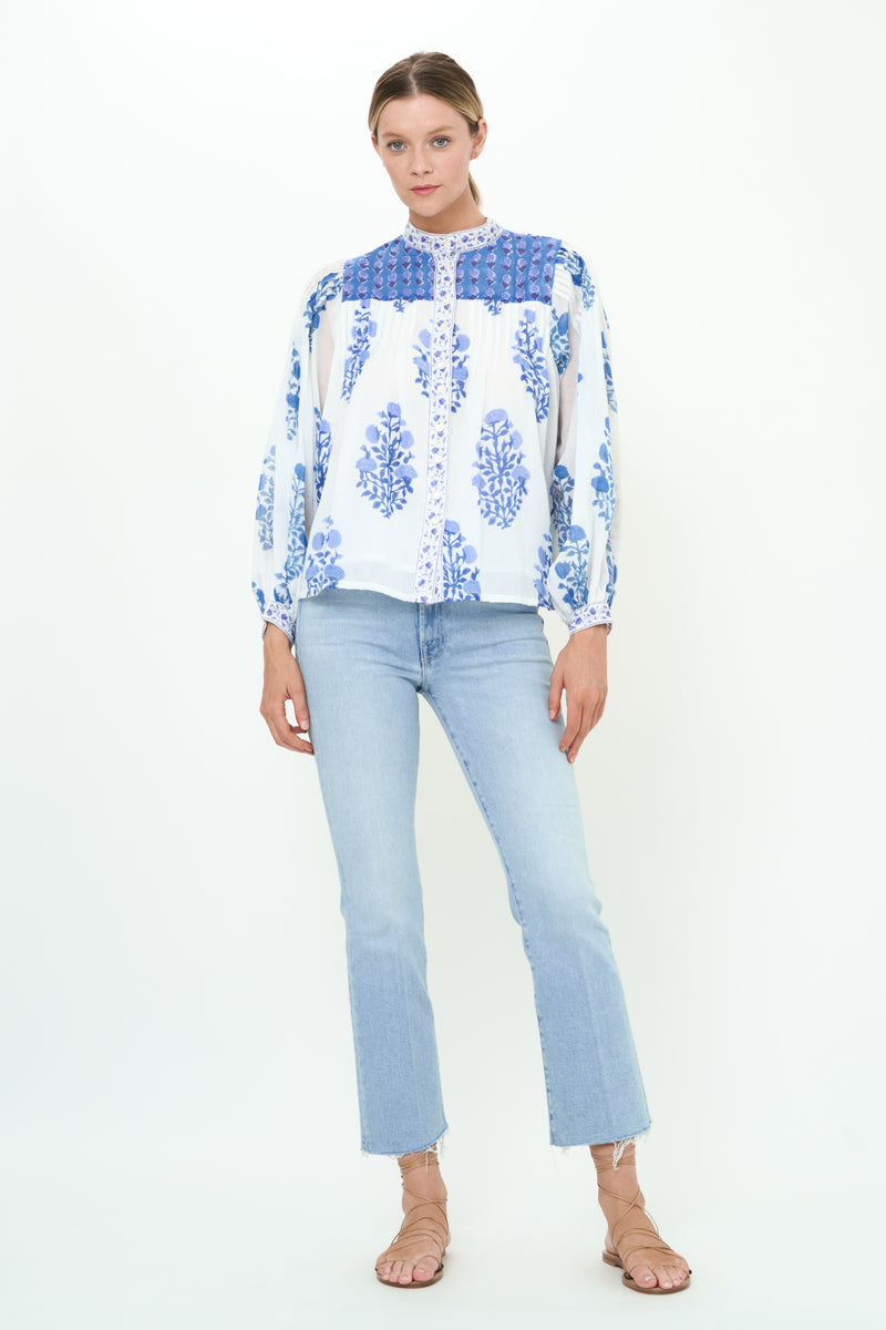 Mandarin Pintuck Blouse- Salvia Blue