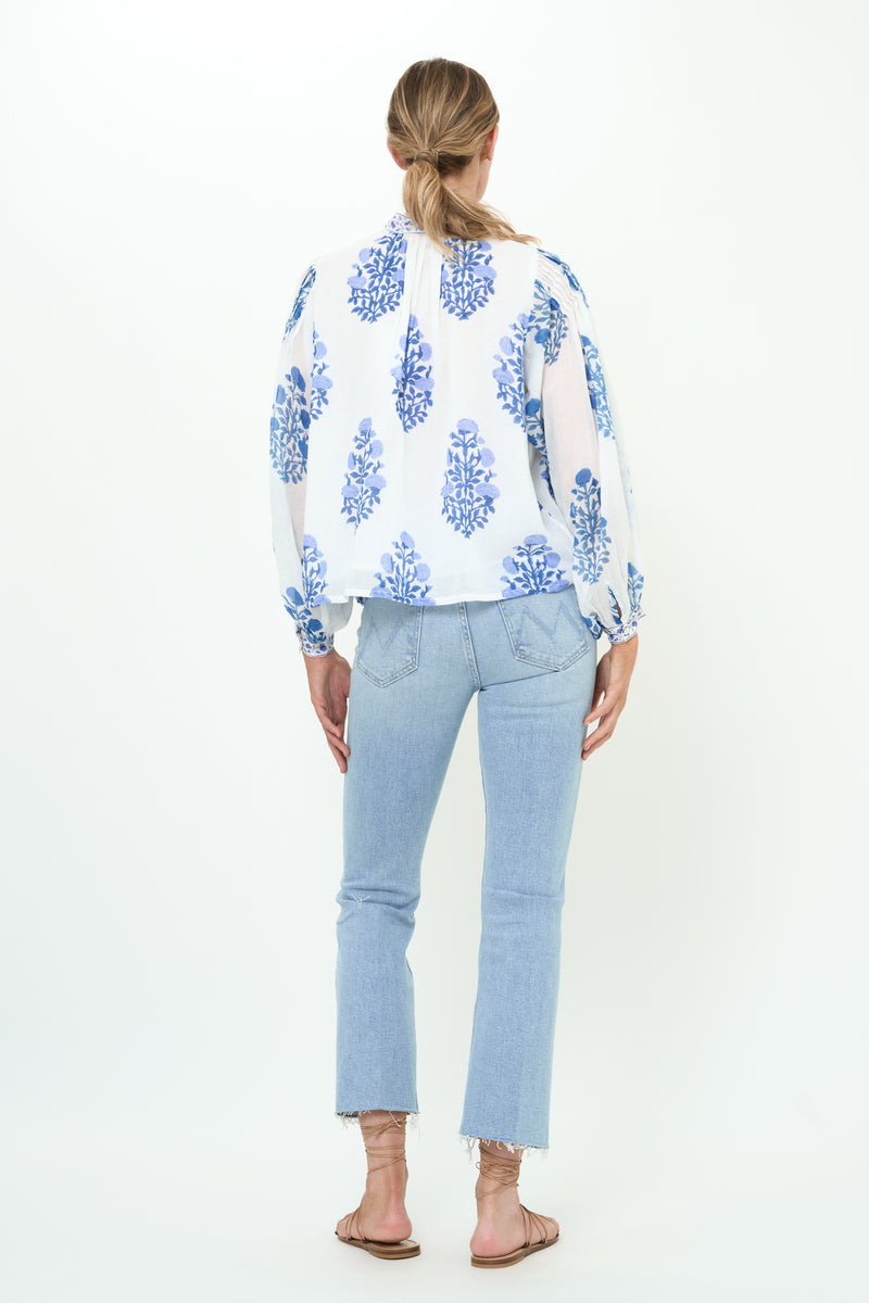 Mandarin Pintuck Blouse- Salvia Blue