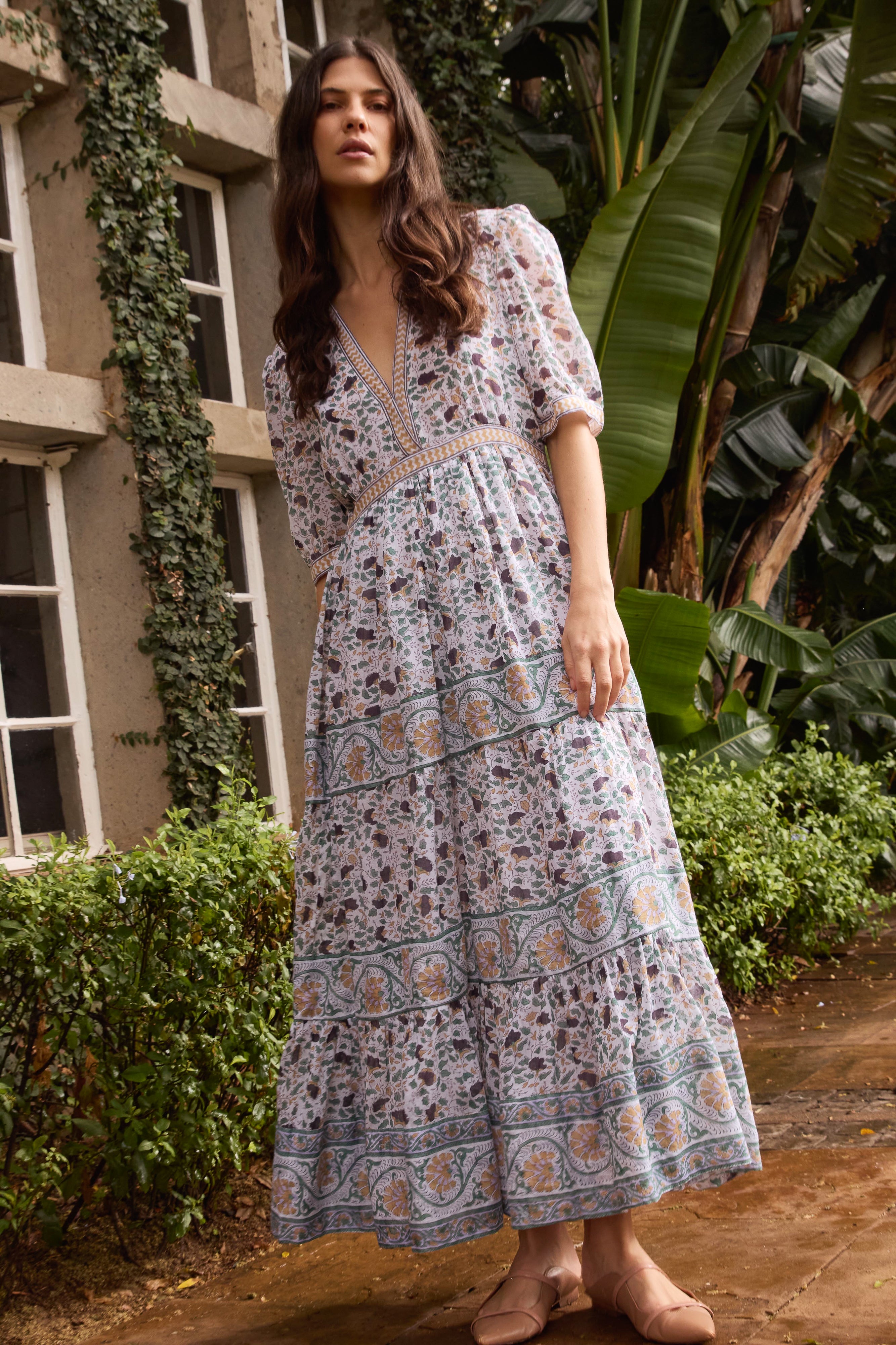 V-Neck Cuffed Maxi- Cotswold Green