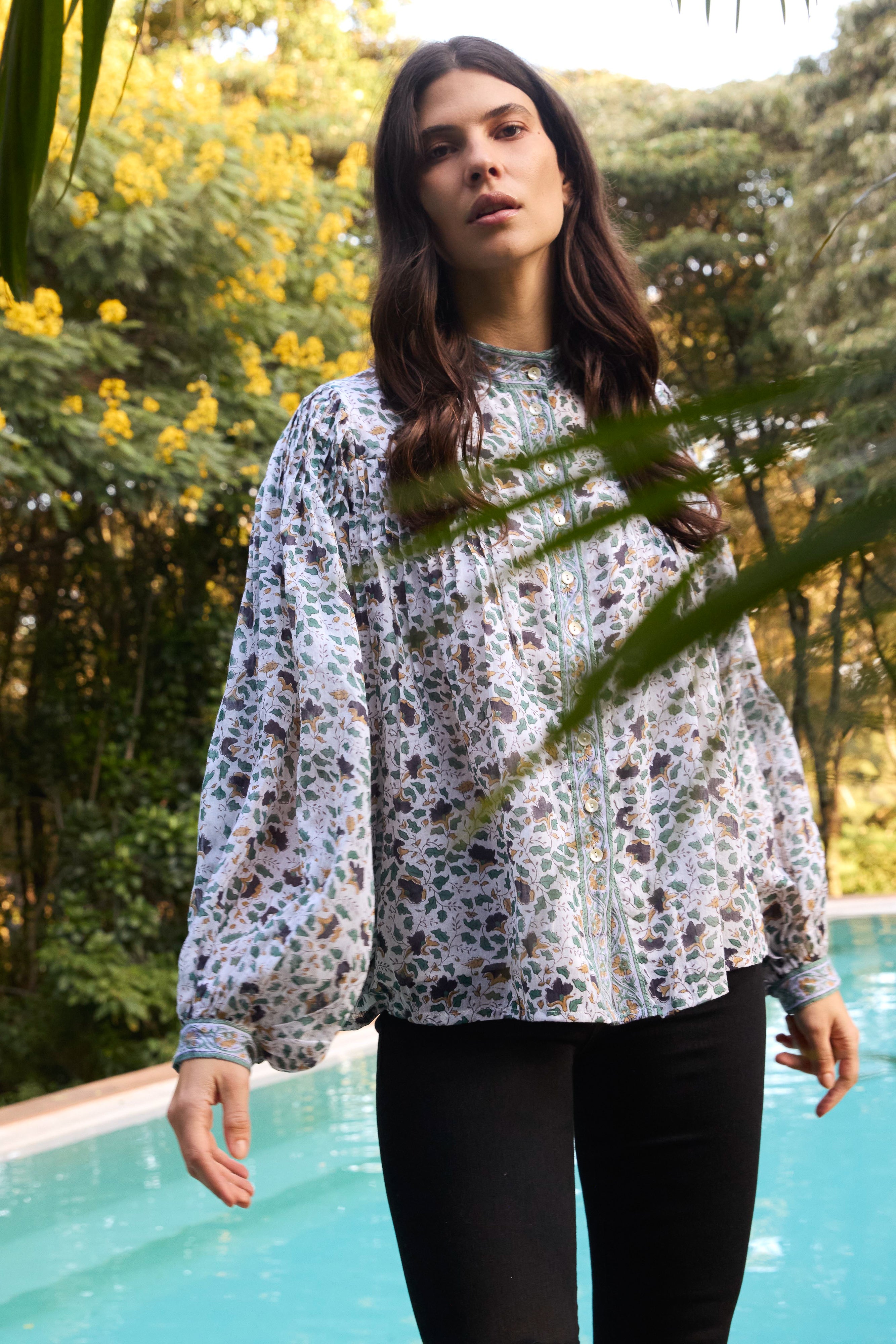 Mandarin Pintuck Blouse- Cotswold Green