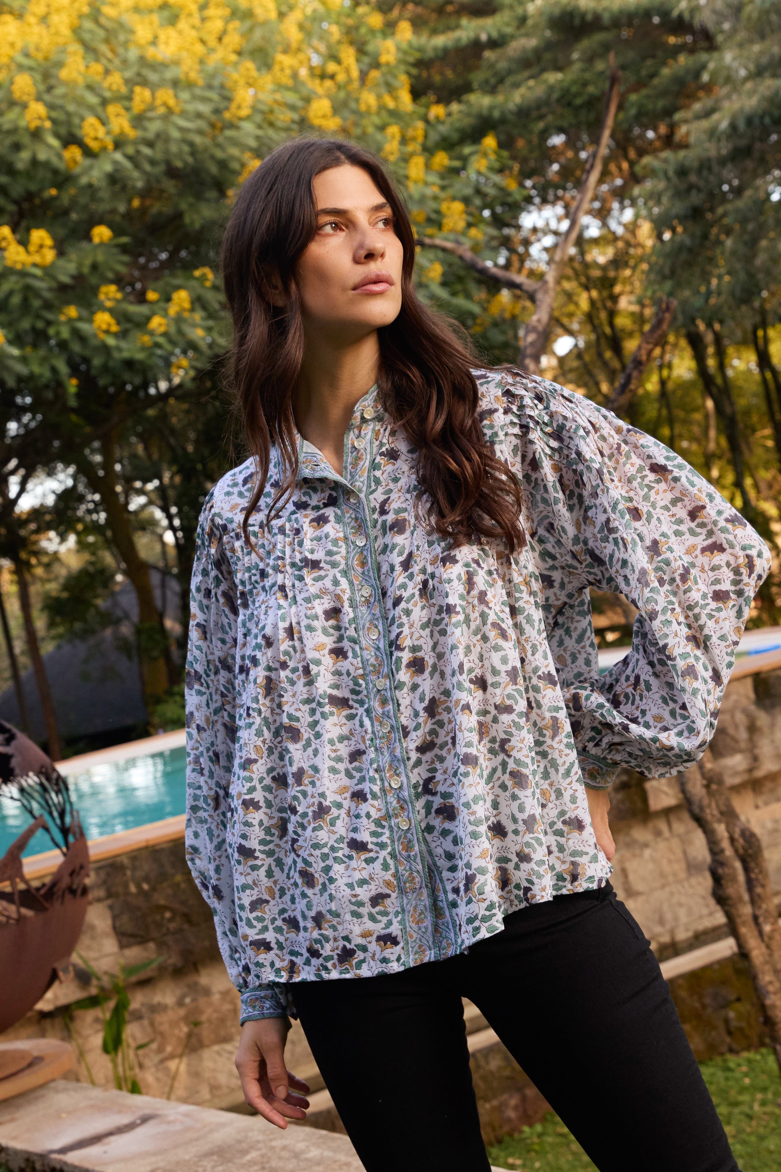 Mandarin Pintuck Blouse- Cotswold Green