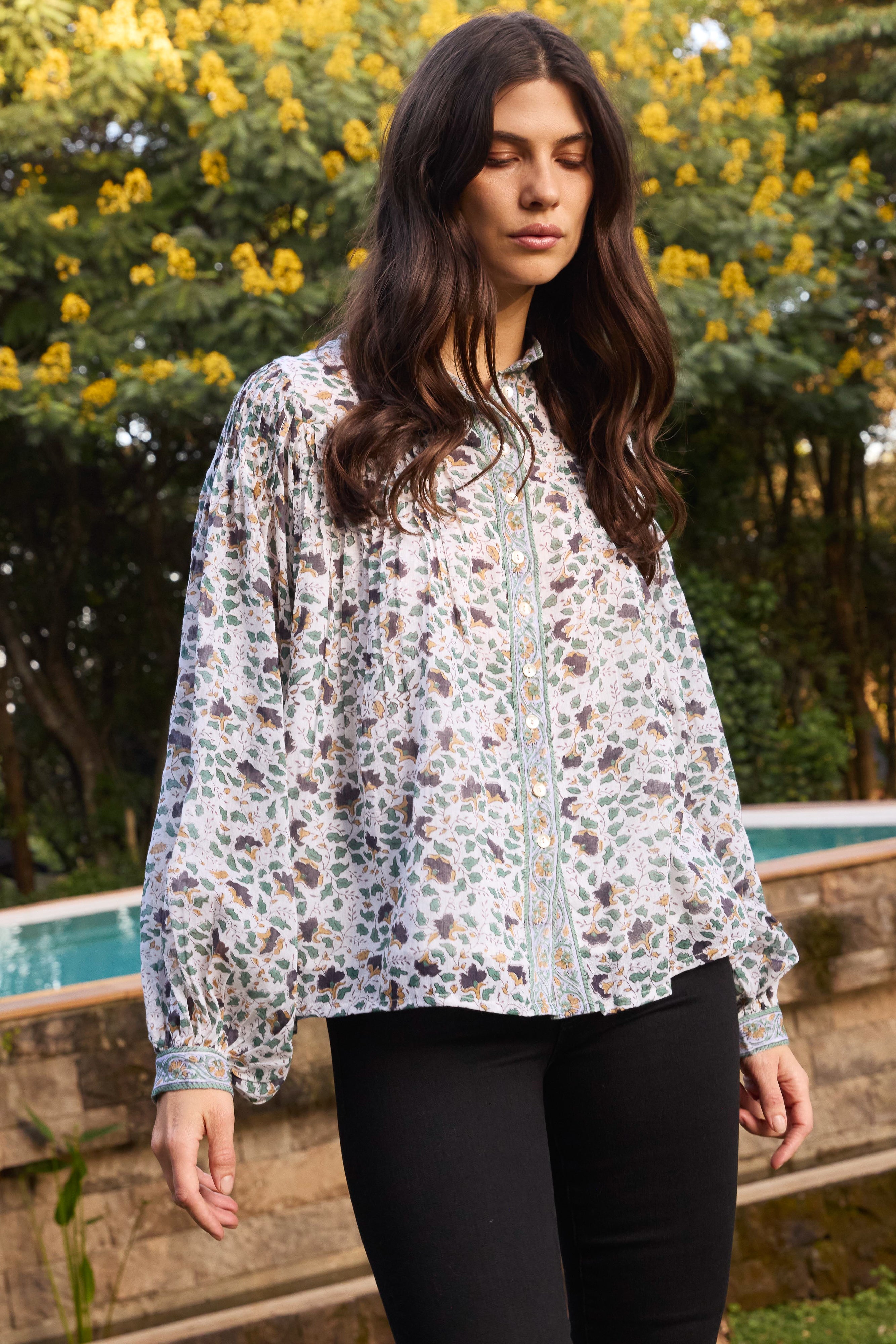 Mandarin Pintuck Blouse- Cotswold Green