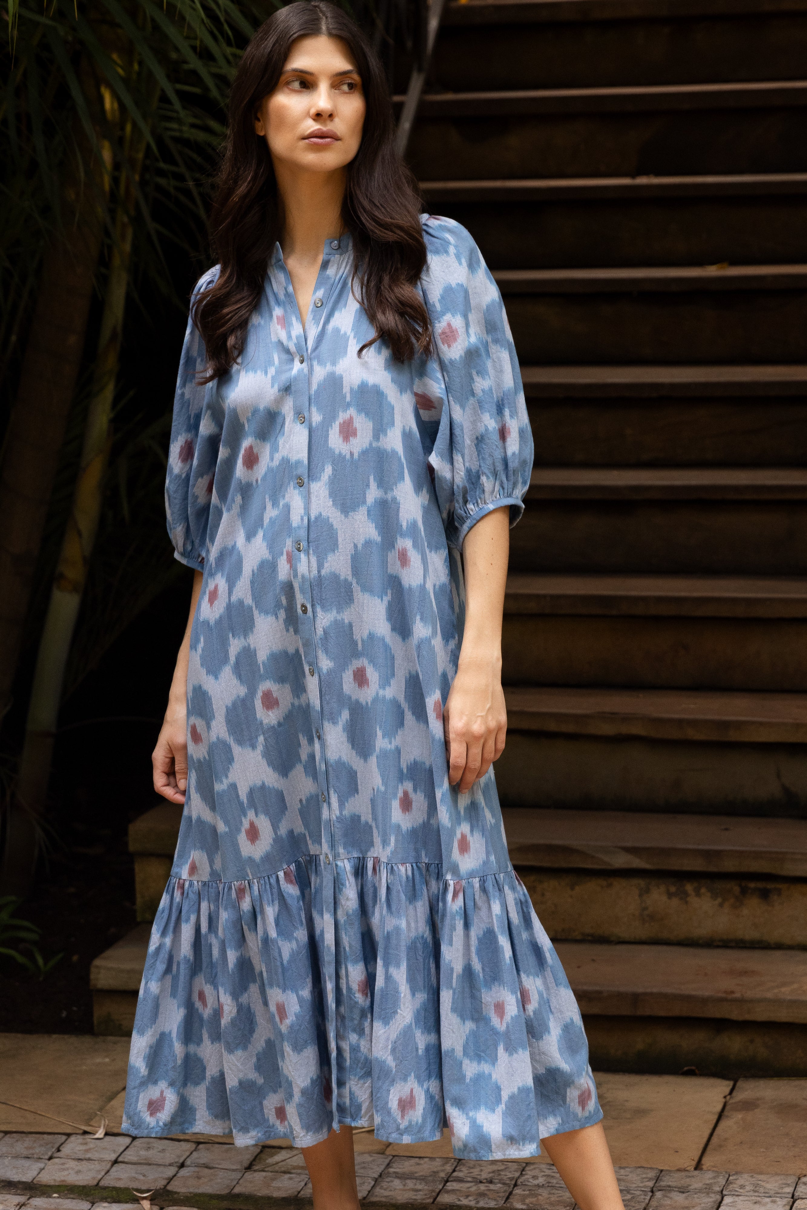 Button Puff Midi- Jinja Blue