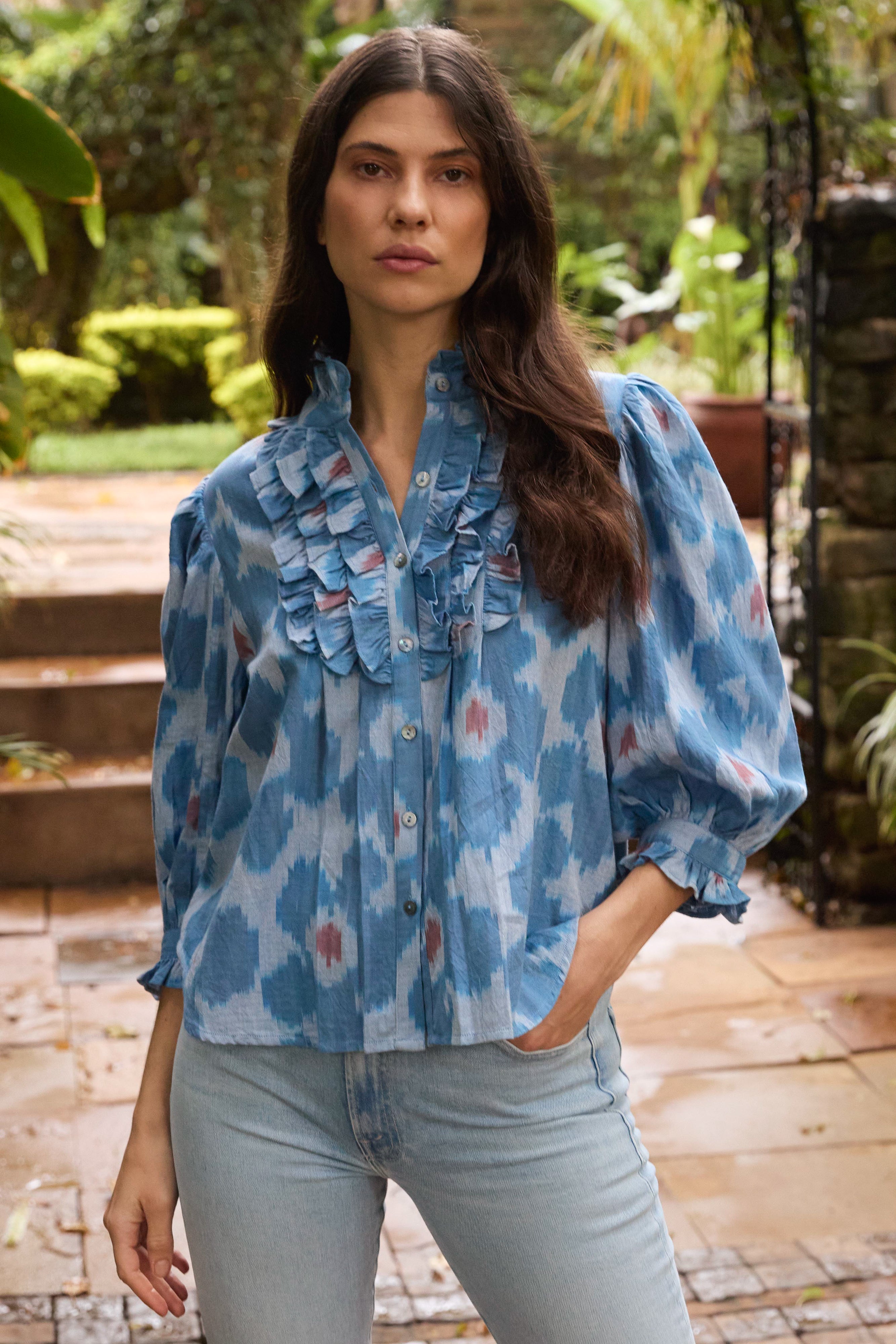 Ruffle Front Button Blouse- Jinja Blue
