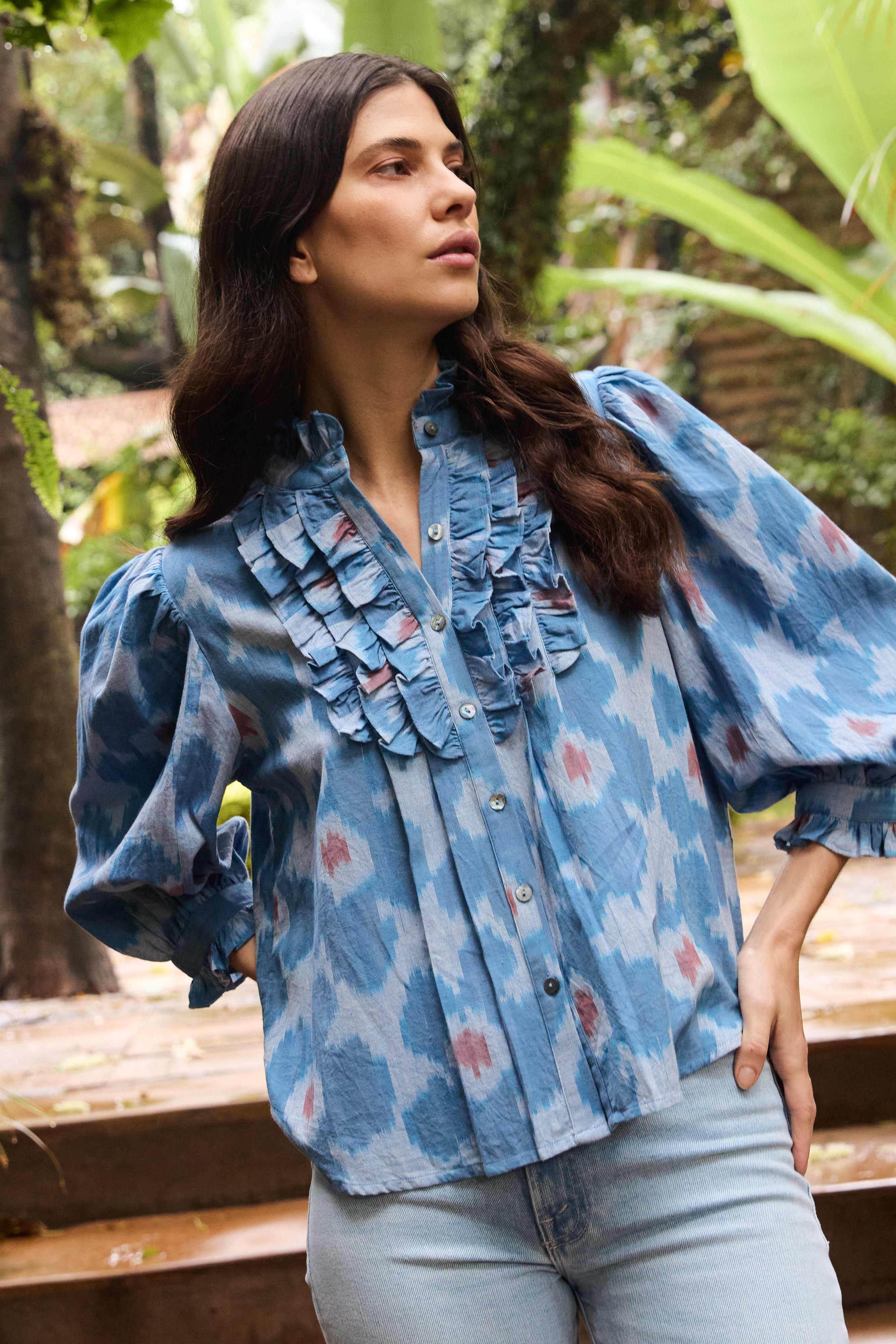 Ruffle Front Button Blouse- Jinja Blue