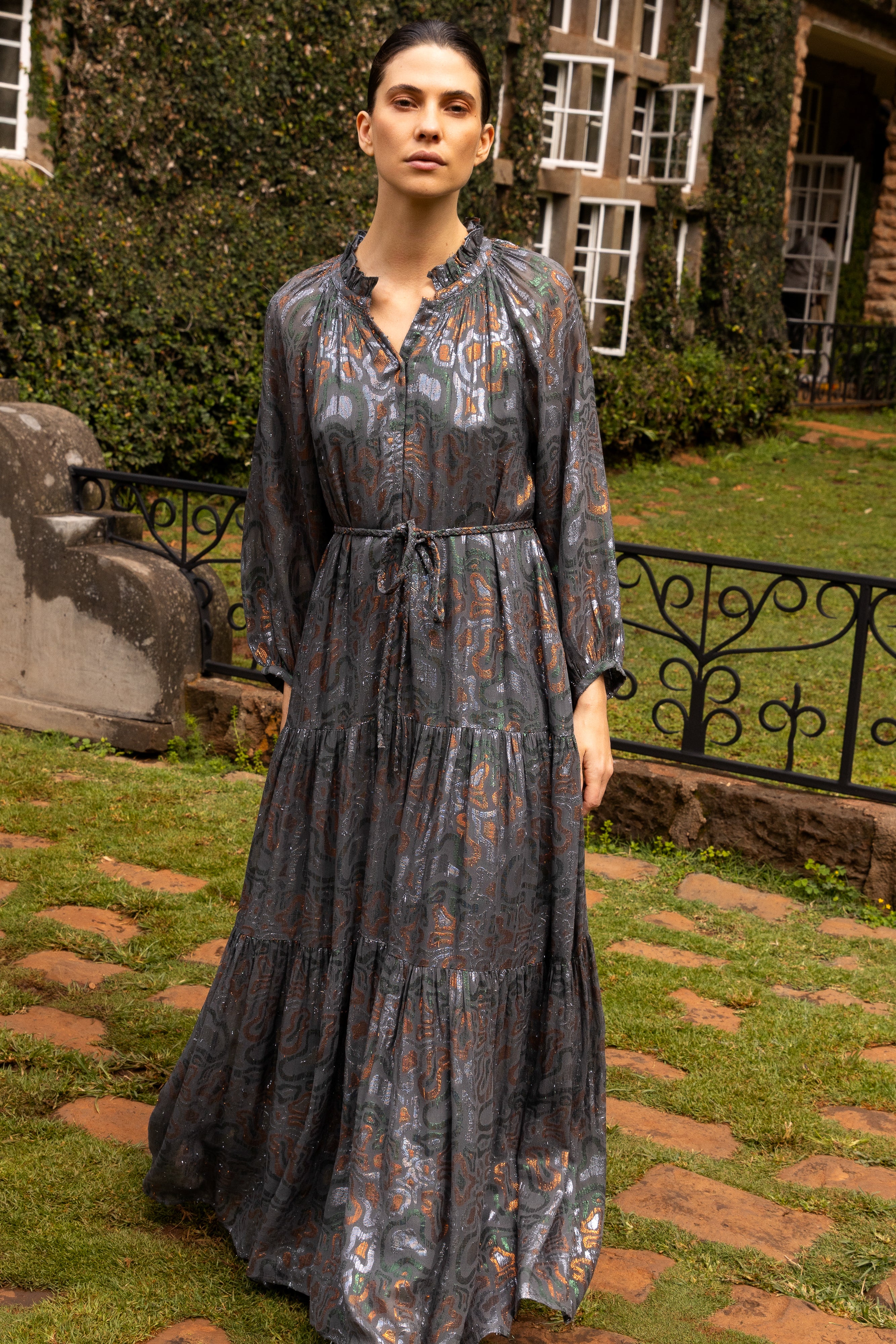 Cuff Sleeve Tie Waist Maxi- Kenzo Charcoal