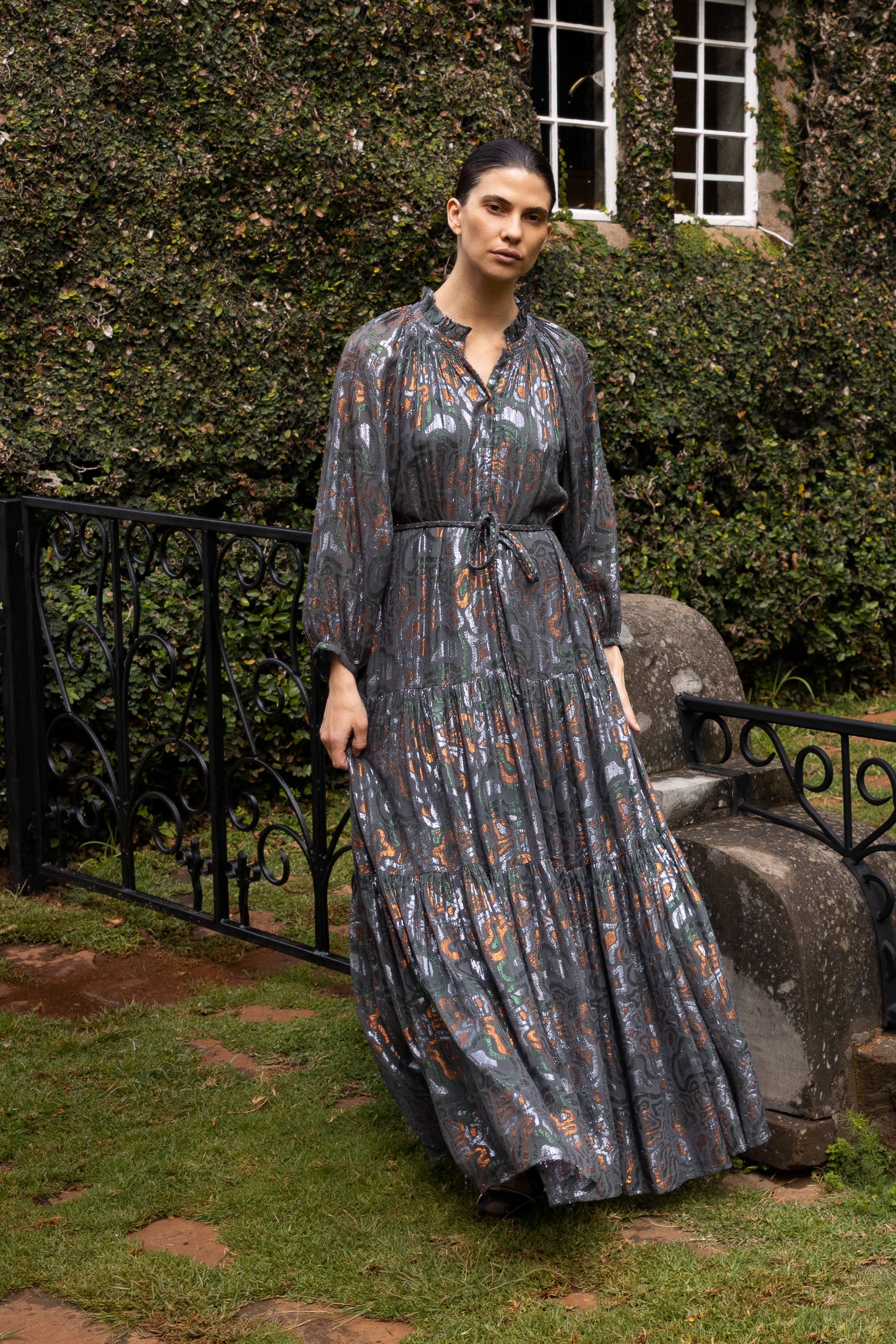 Cuff Sleeve Tie Waist Maxi- Kenzo Charcoal