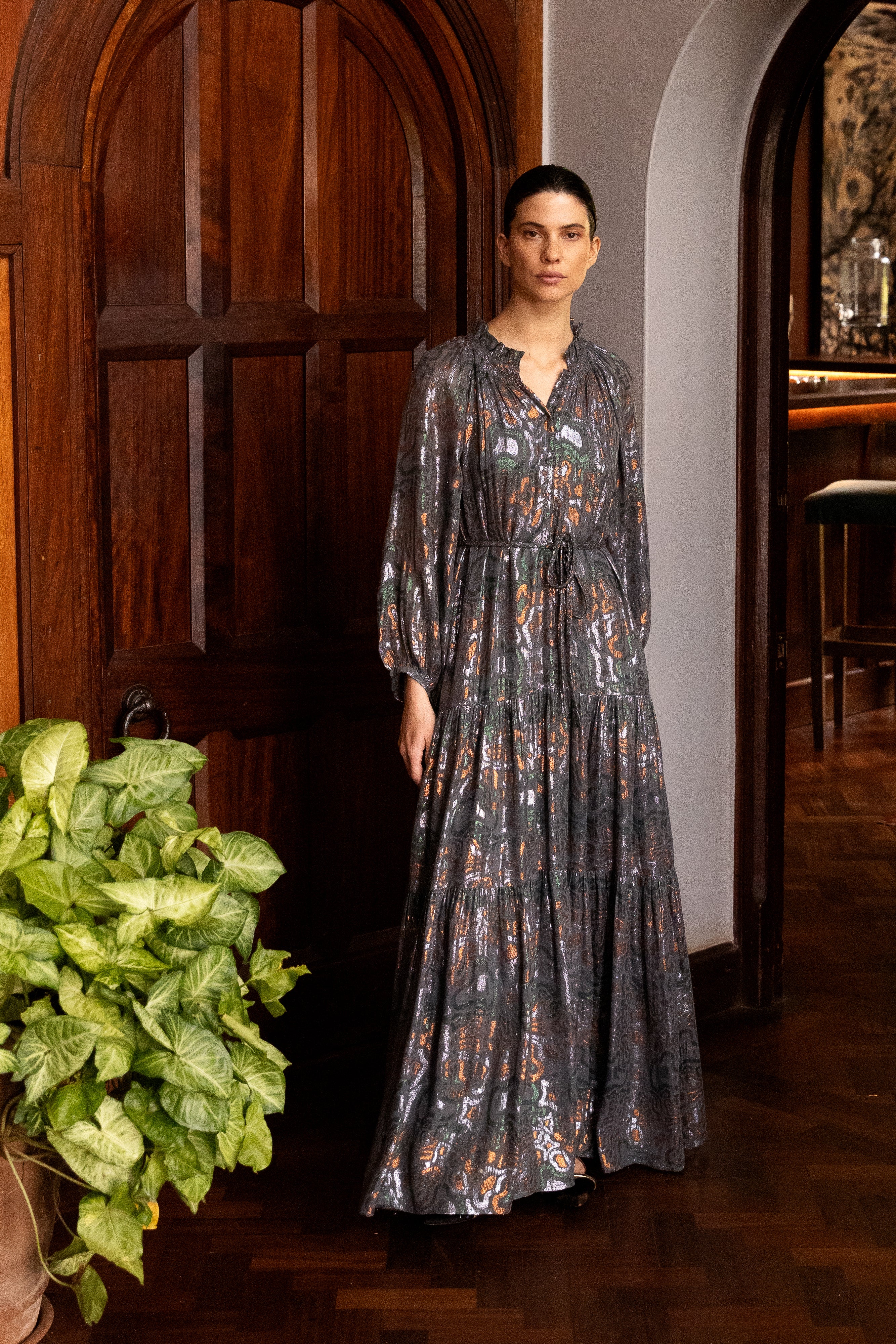 Cuff Sleeve Tie Waist Maxi- Kenzo Charcoal
