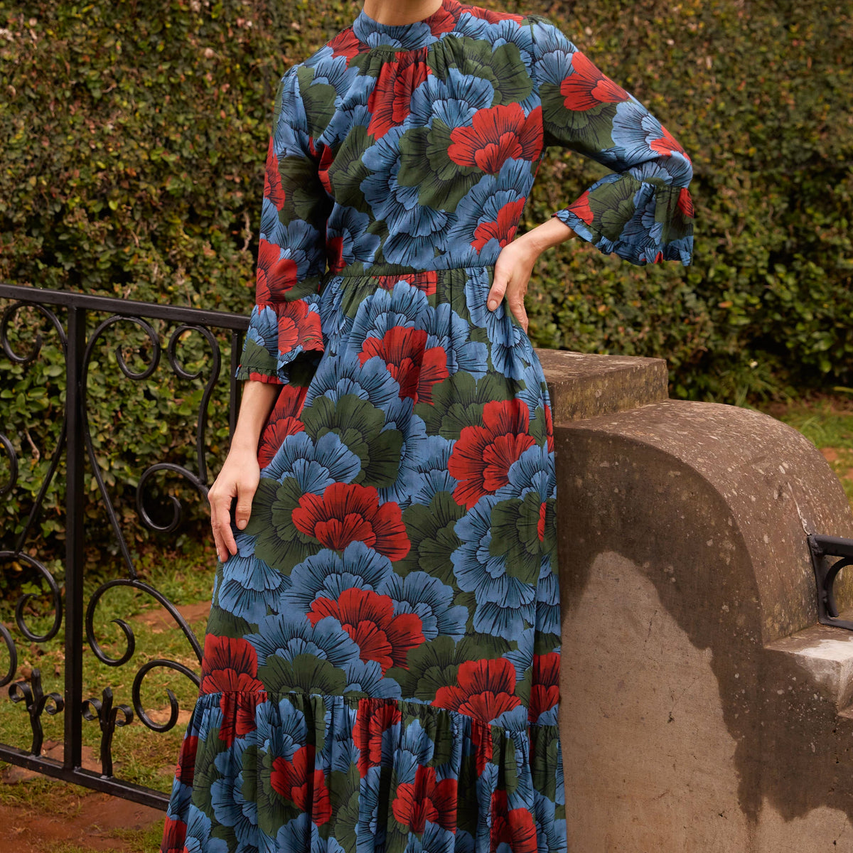 knee length dresses for ladies Madrid Blue High Neck Bell Sleeve Maxi Dress Oliphant Madrid Blue / M