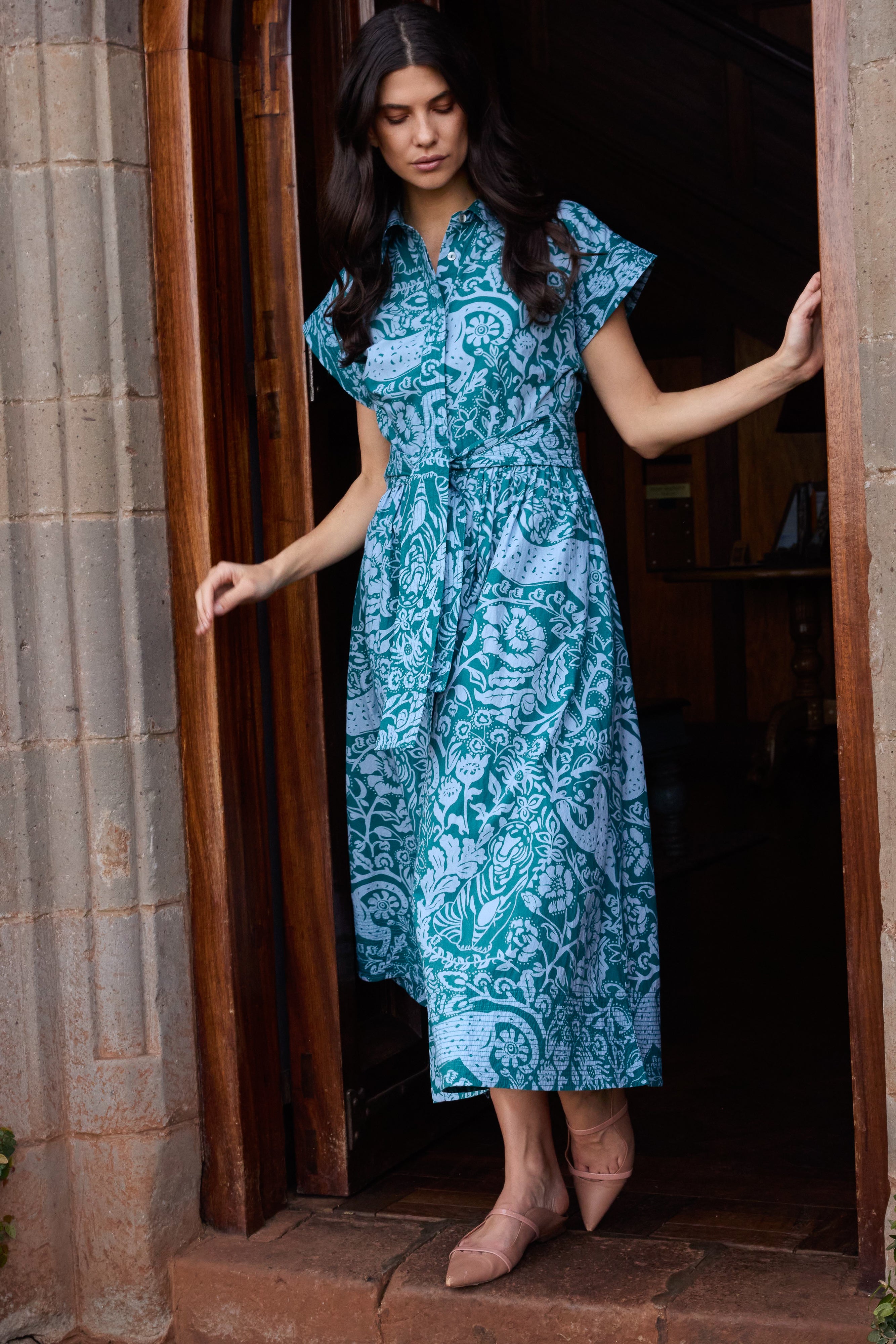 Belted Shirt Dress- Singita Green