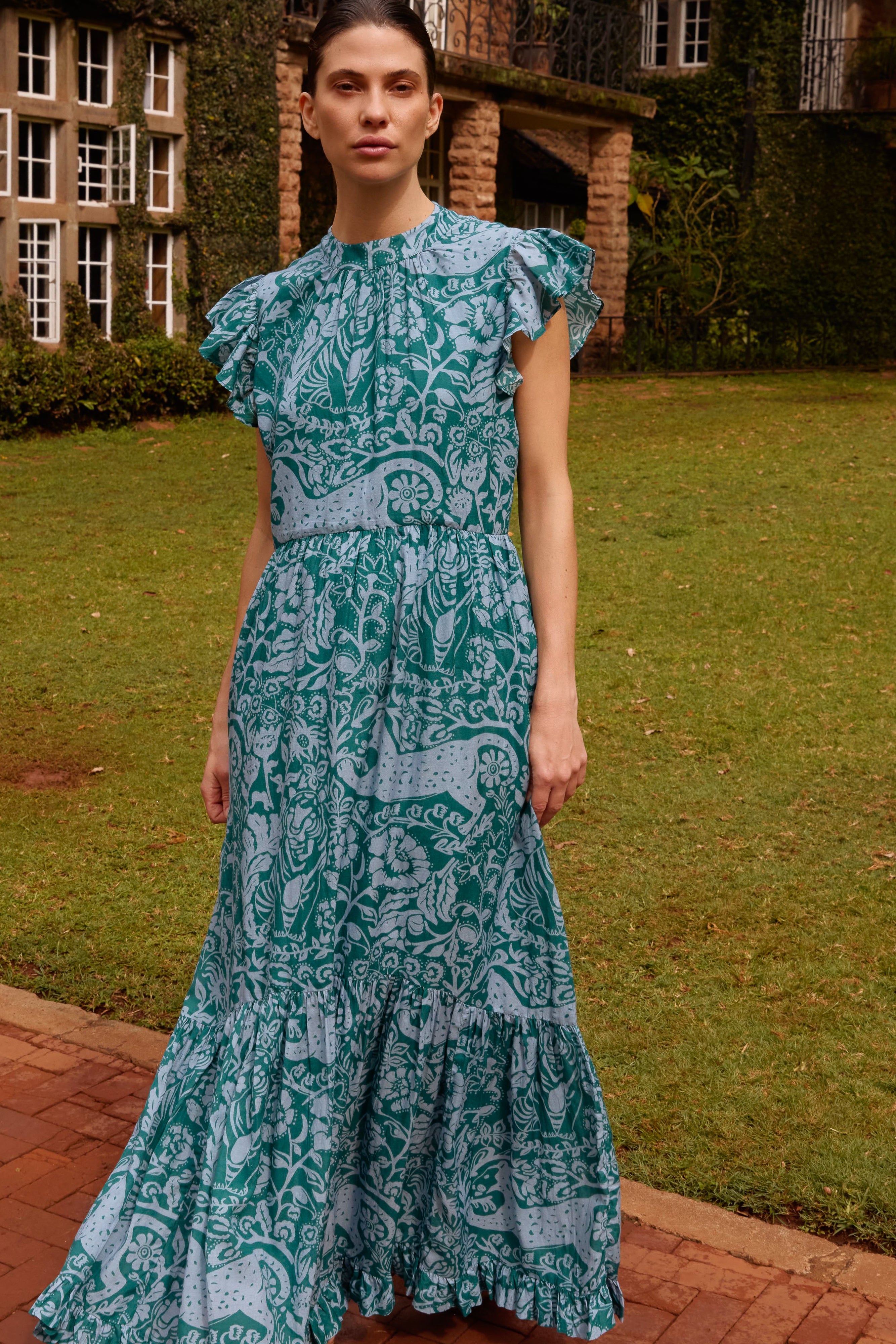 Mock Neck Flutter Maxi- Singita Green