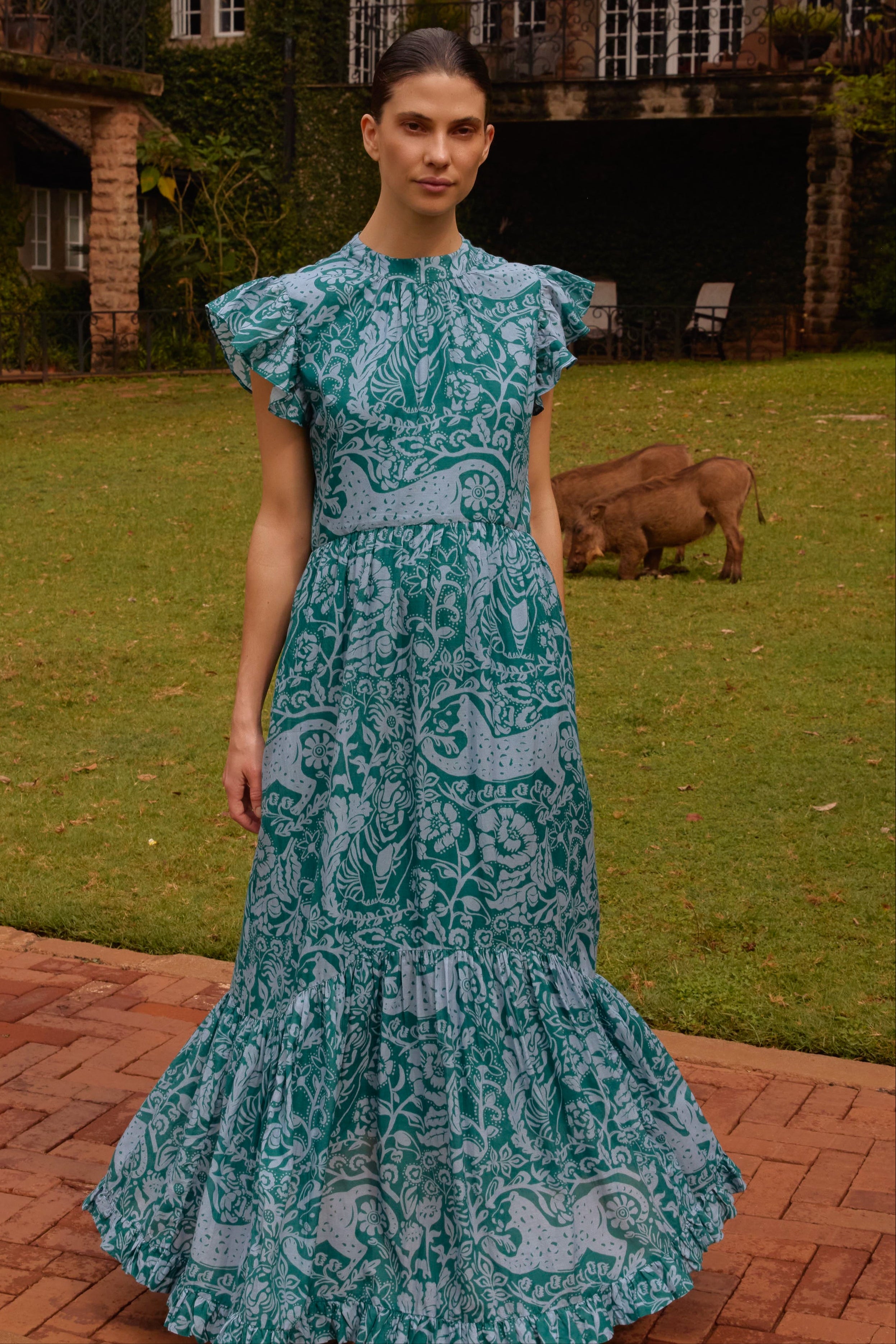 Mock Neck Flutter Maxi- Singita Green