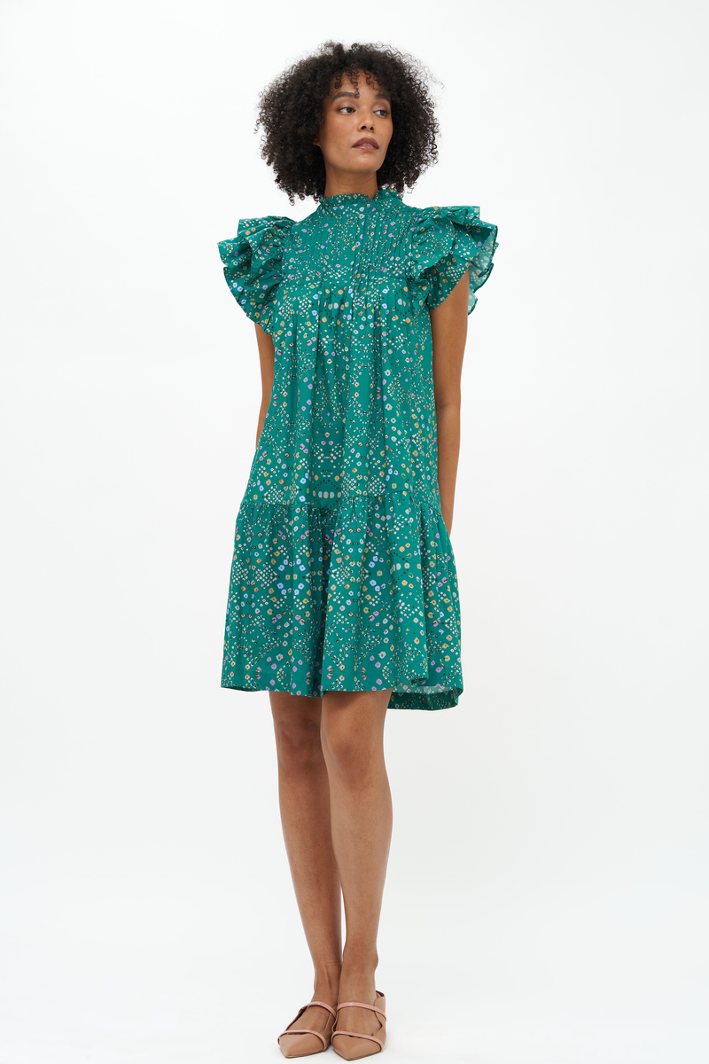 Pintuck Ruffle Mini Dress- Shibori Green