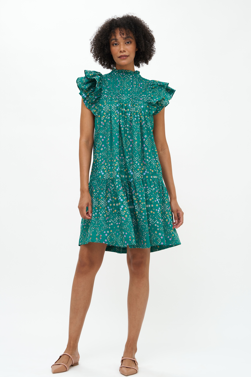 Pintuck Ruffle Mini Dress- Shibori Green