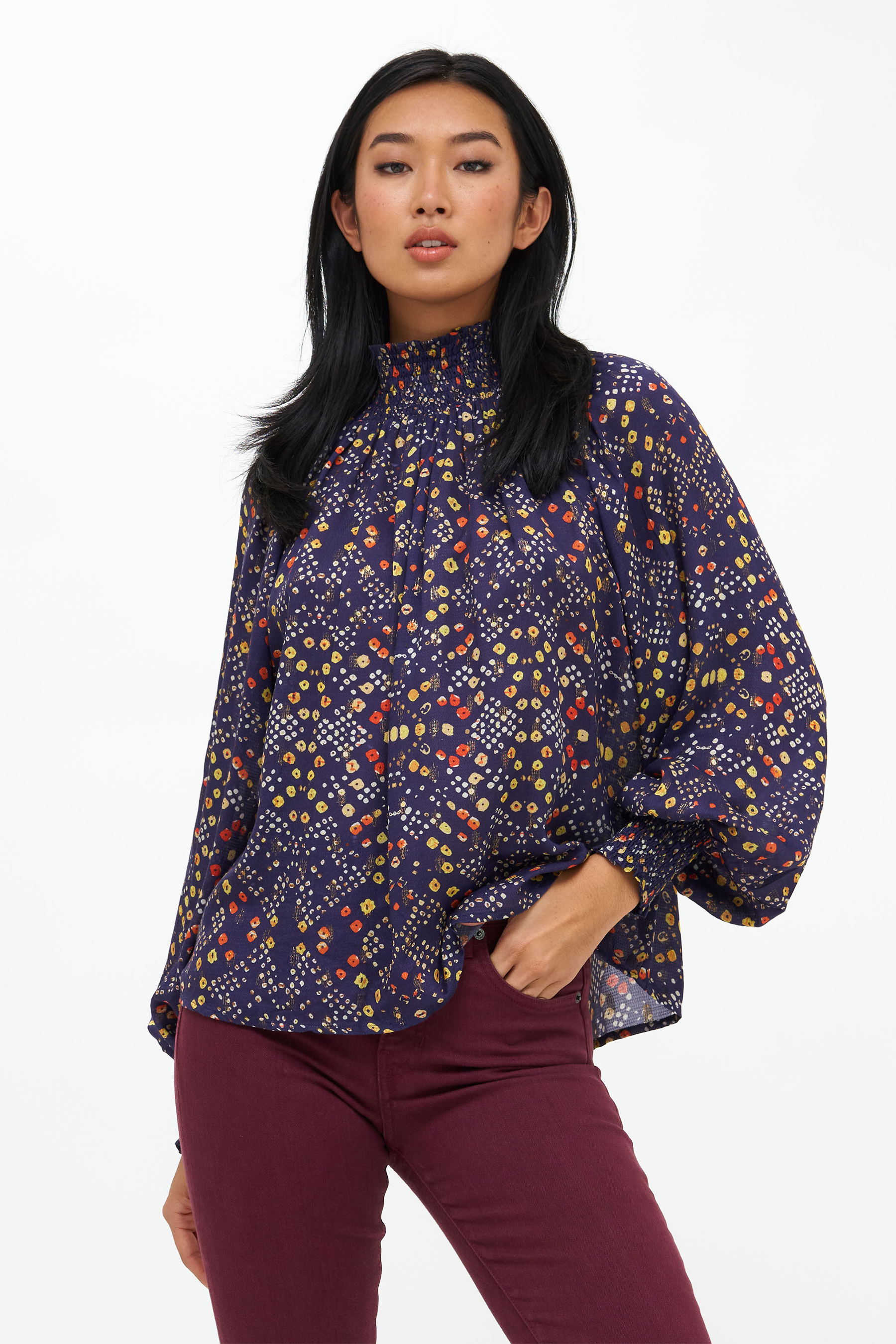 High Neck Blouse- Shibori Indigo