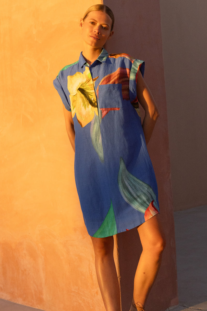 Shirt Dress Mini- Hibiscus Blue