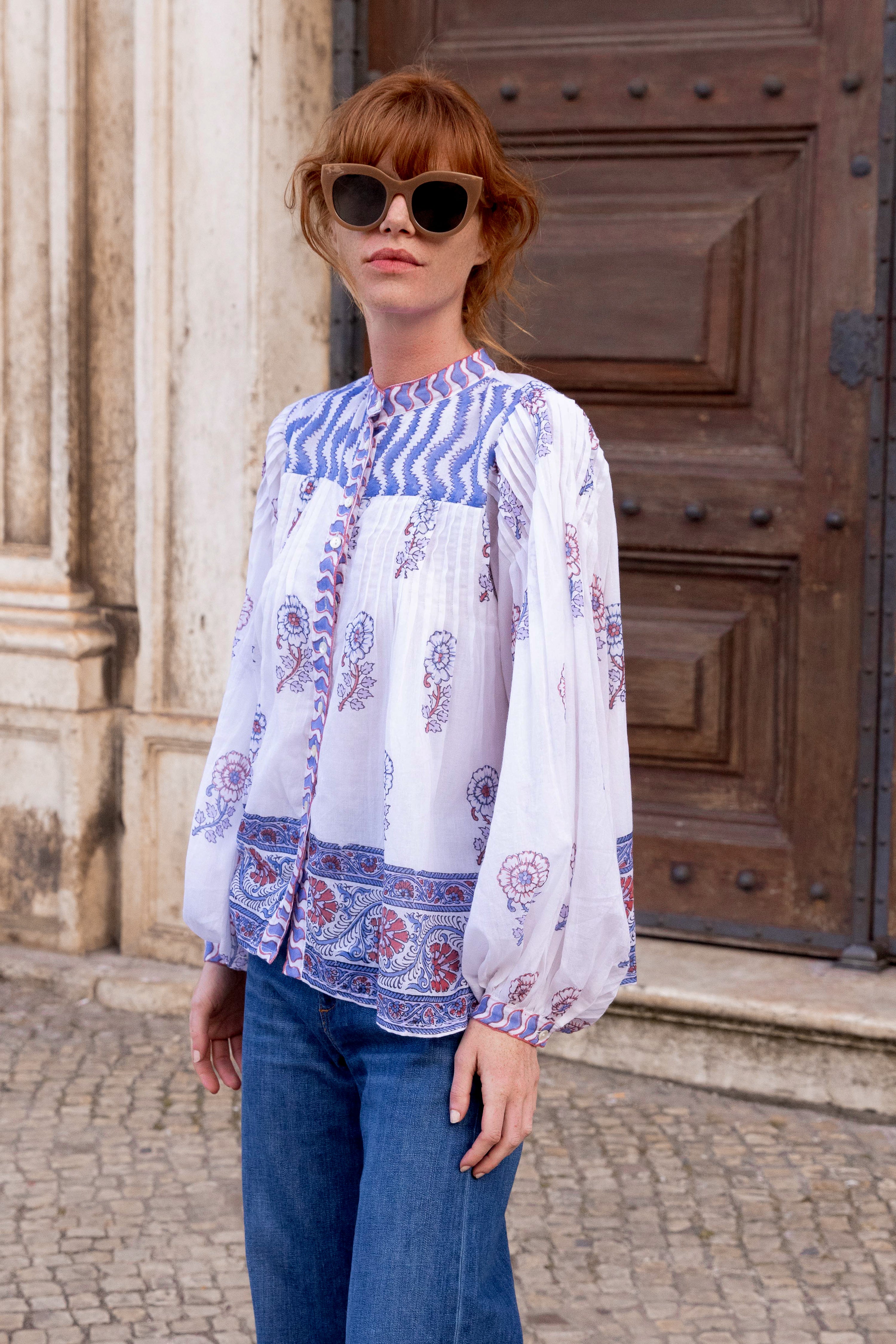 Mandarin Pintuck Blouse- Sierra Blue