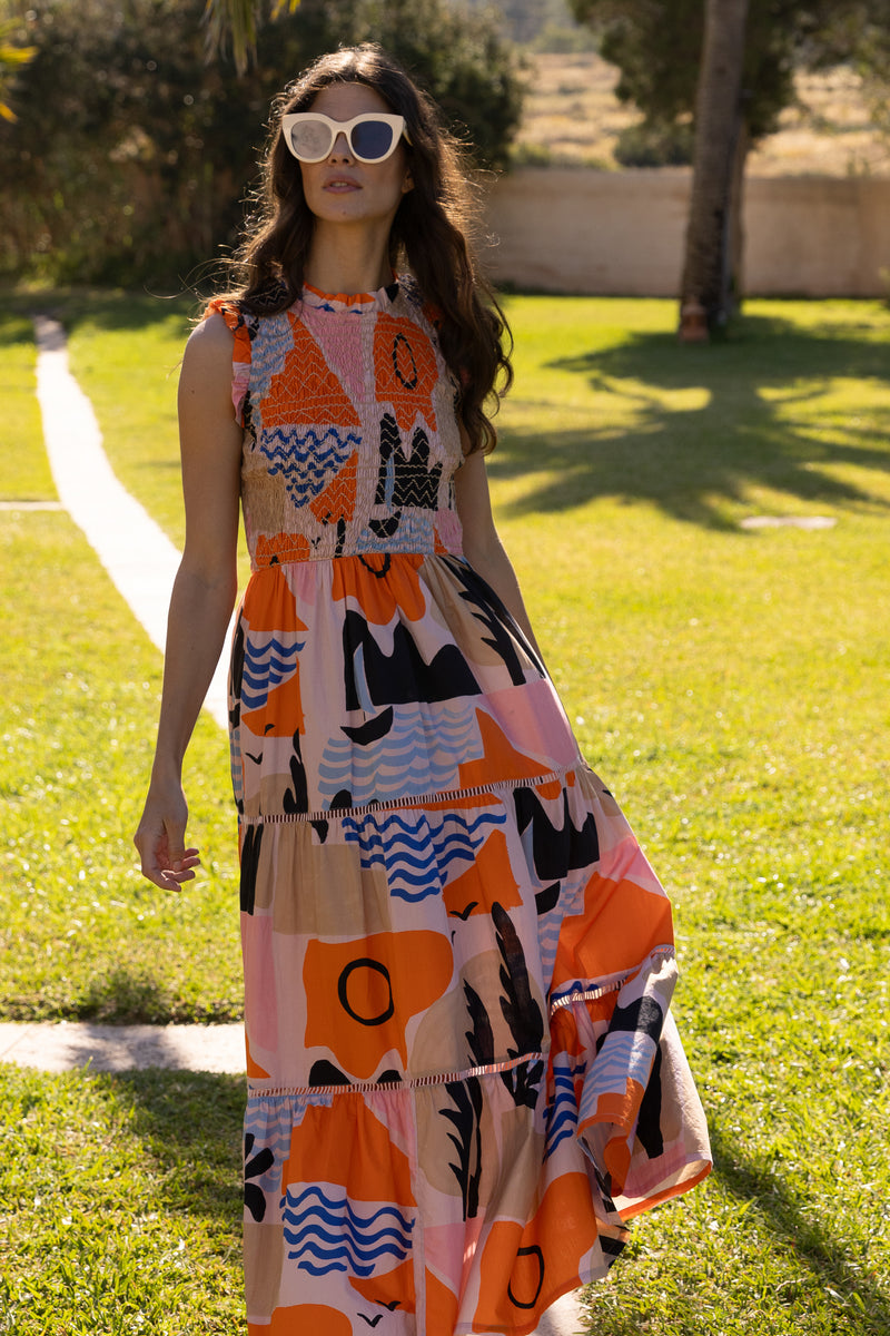 Sleeveless Smocked Maxi- Riviera Orange