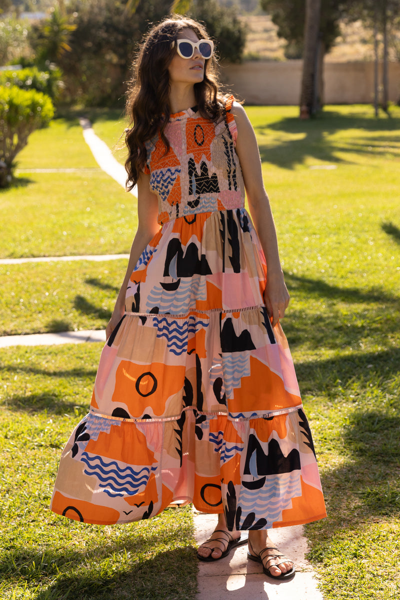 Sleeveless Smocked Maxi- Riviera Orange