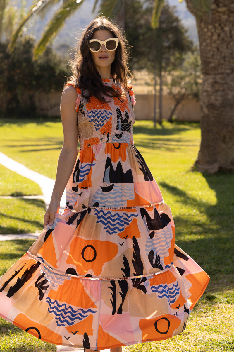 Sleeveless Smocked Maxi- Riviera Orange