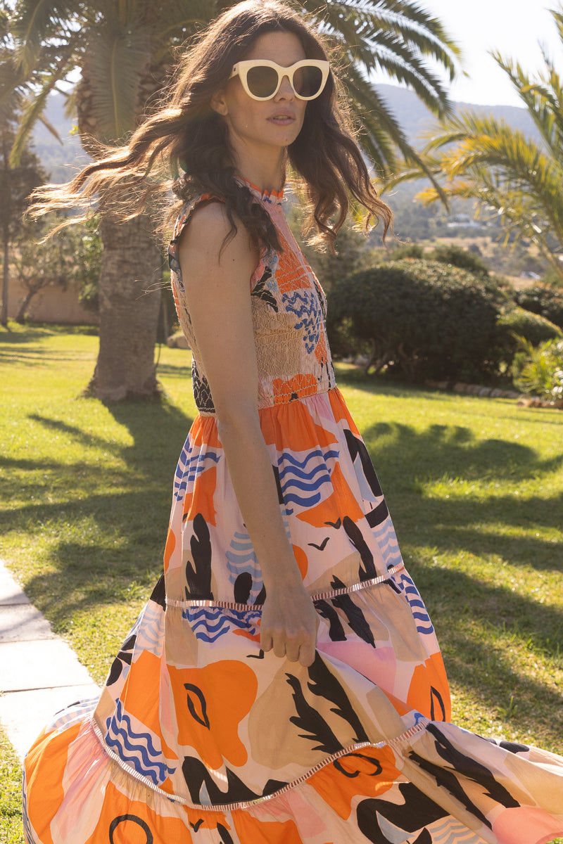 Sleeveless Smocked Maxi- Riviera Orange