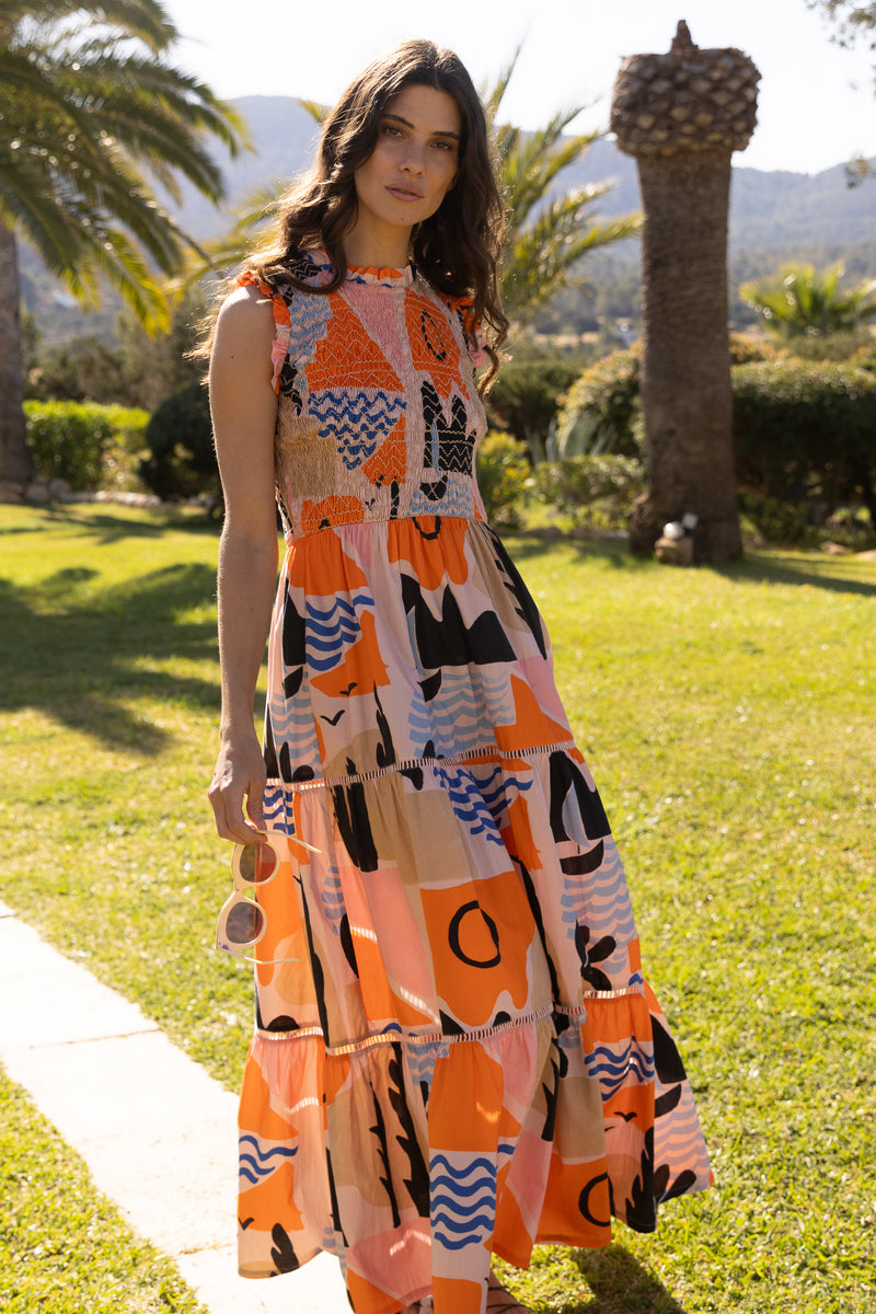 Sleeveless Smocked Maxi- Riviera Orange