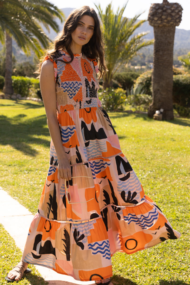 Sleeveless Smocked Maxi- Riviera Orange