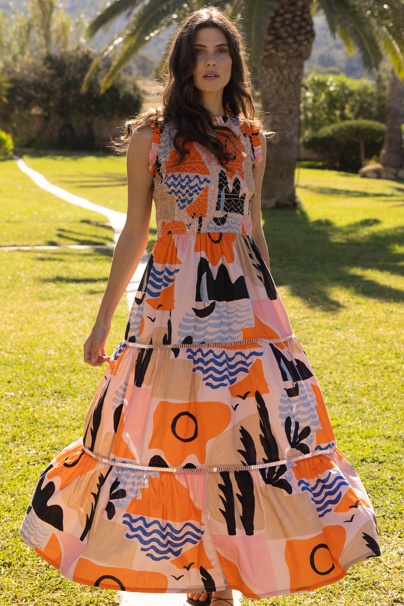 Sleeveless Smocked Maxi- Riviera Orange