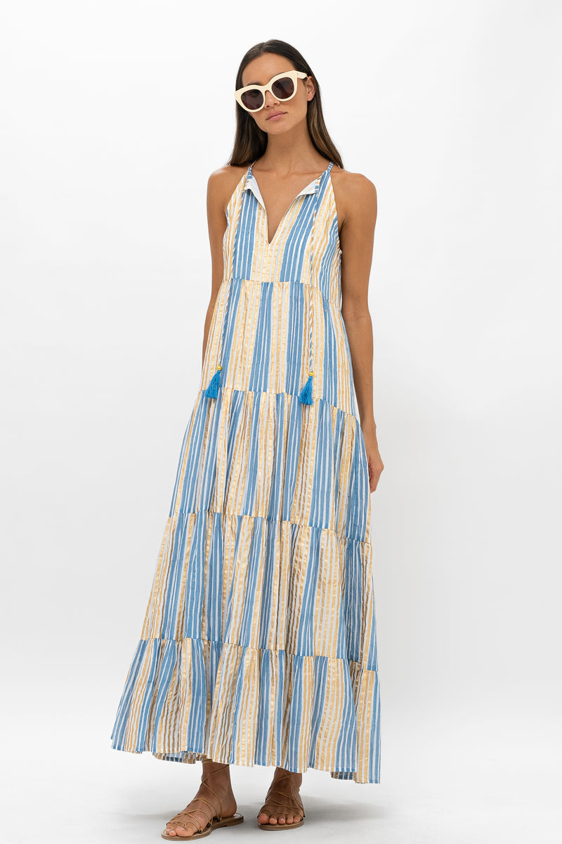 Long Tiered Tassel Dress- Samoa Blue Gold