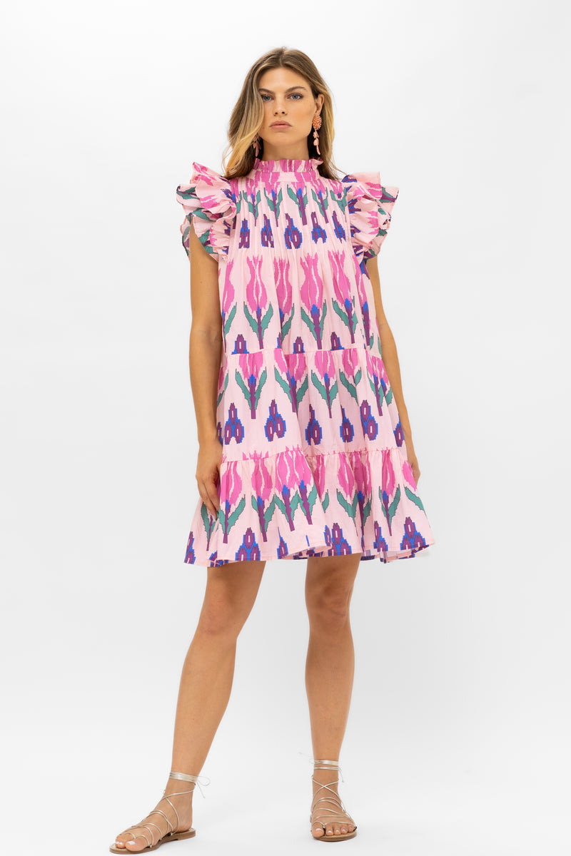 Pintuck Ruffle Mini Dress- Sumba Pink