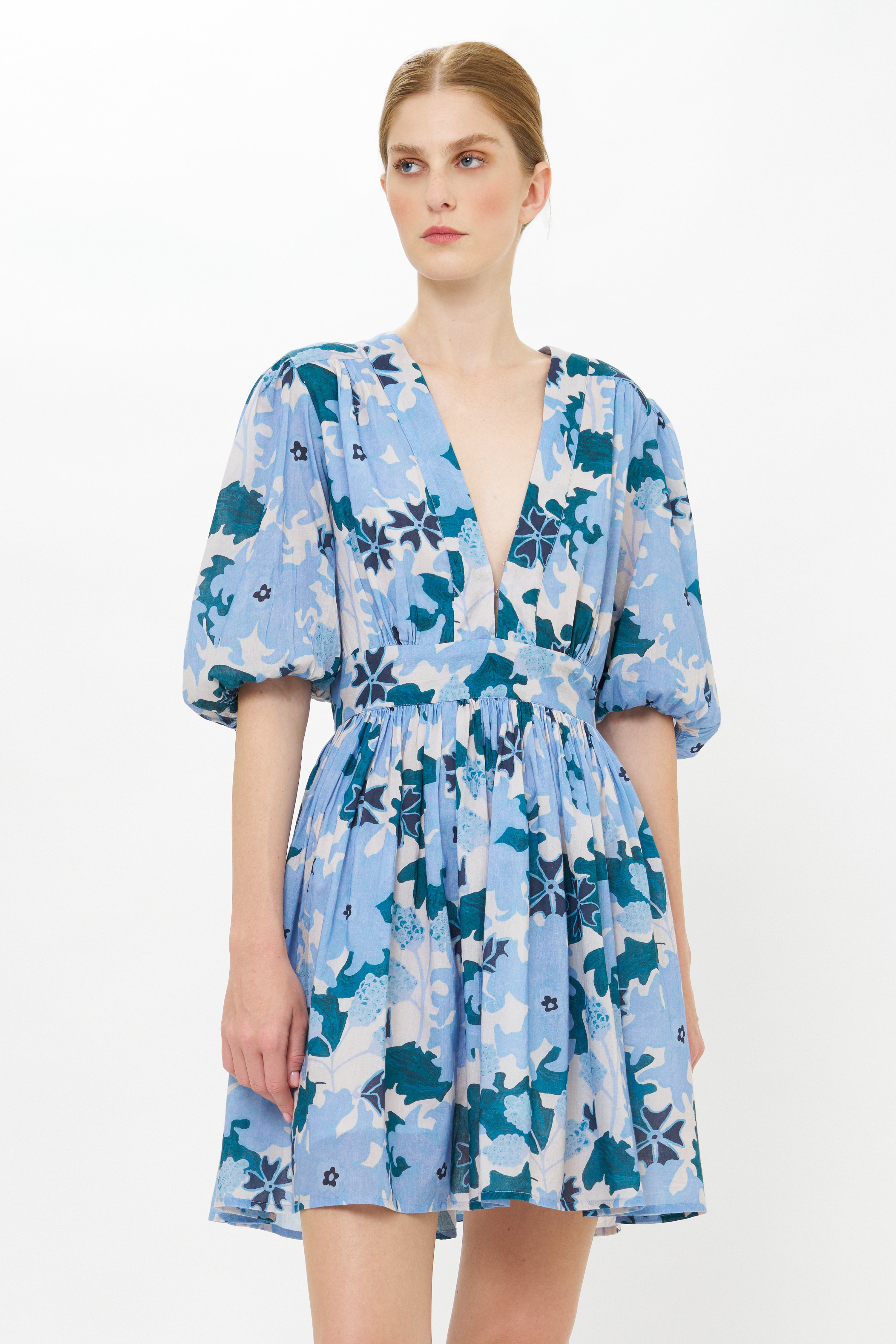 V-Neck Puff Mini- Suzani Blue